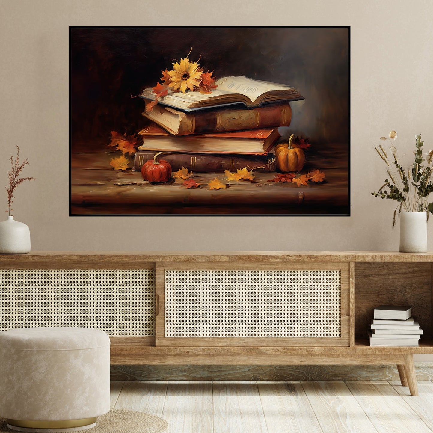 The Books Are Stacked On Top Of Each Other, Thanksgiving Canvas Painting, Wall Art Decor - Thanksgiving Poster Gift For Books Lovers