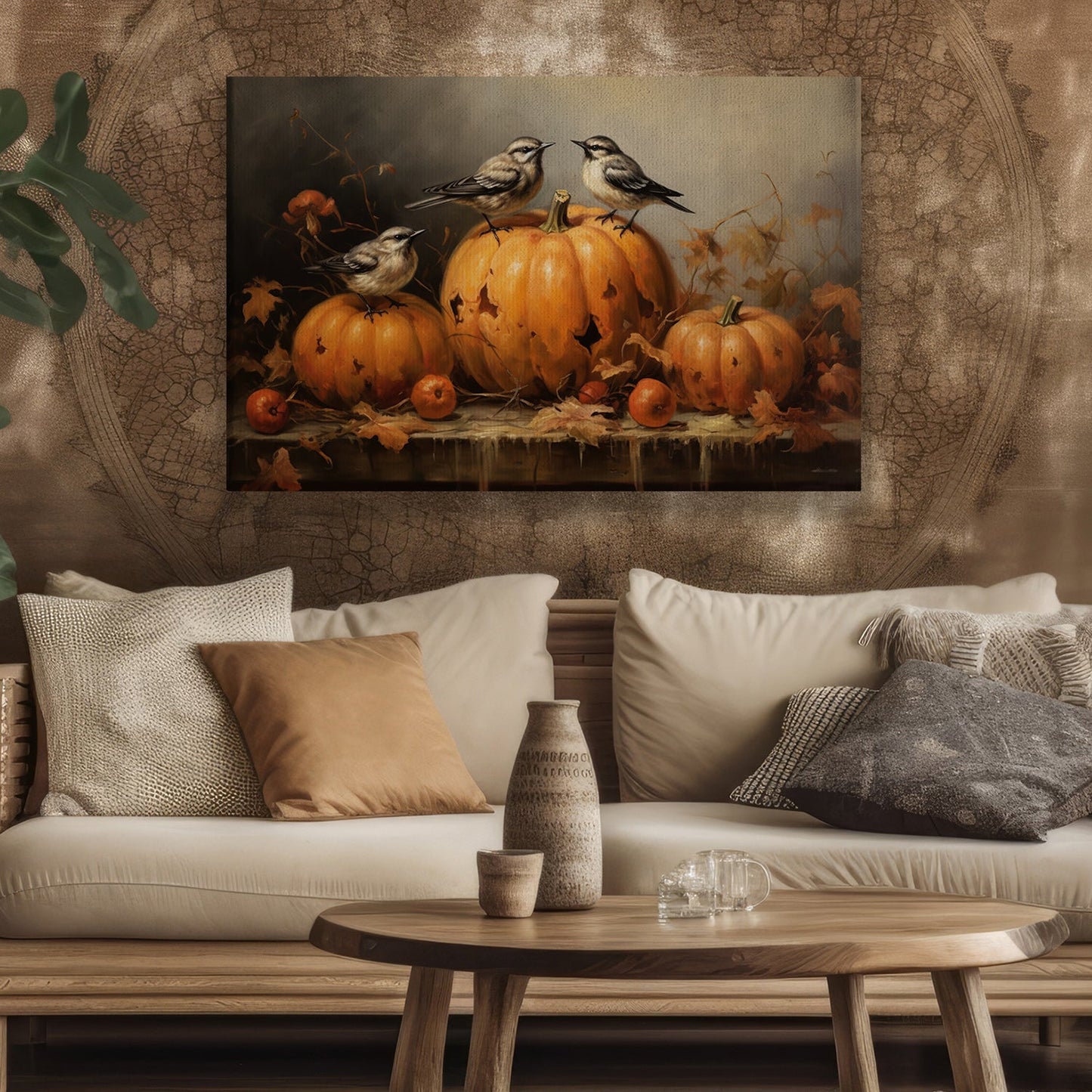 Birds Perch On Pumpkins, Thanksgiving Canvas Painting, Wall Art Decor - Thanksgiving Poster Gift