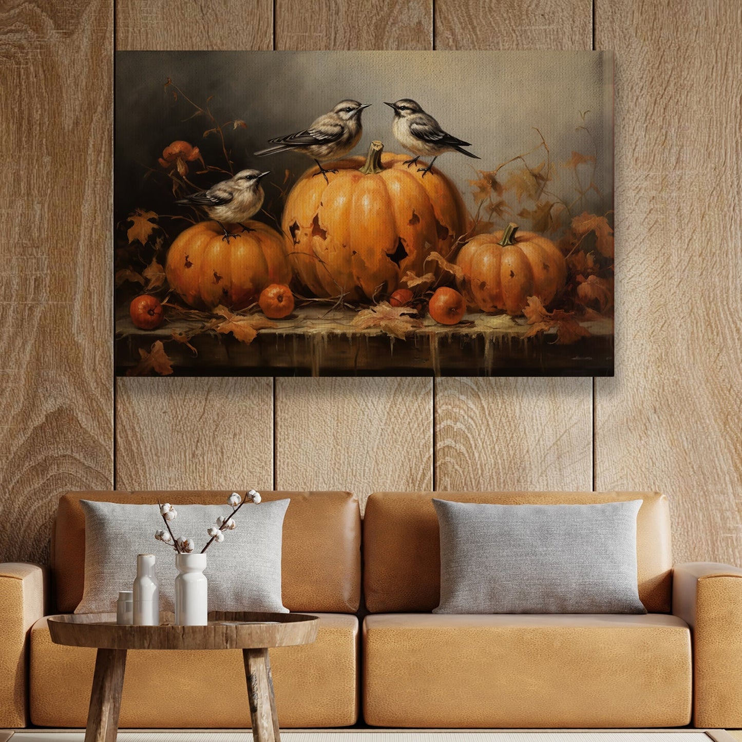 Birds Perch On Pumpkins, Thanksgiving Canvas Painting, Wall Art Decor - Thanksgiving Poster Gift