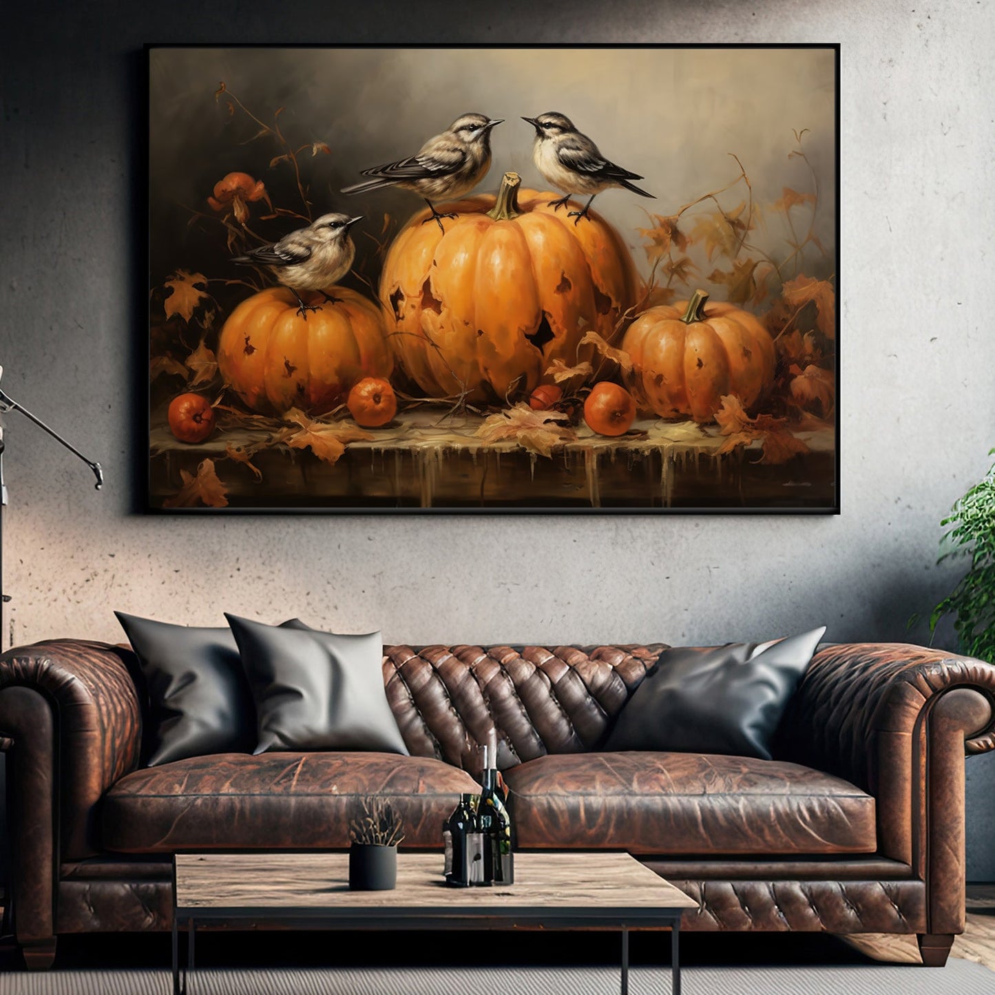 Birds Perch On Pumpkins, Thanksgiving Canvas Painting, Wall Art Decor - Thanksgiving Poster Gift