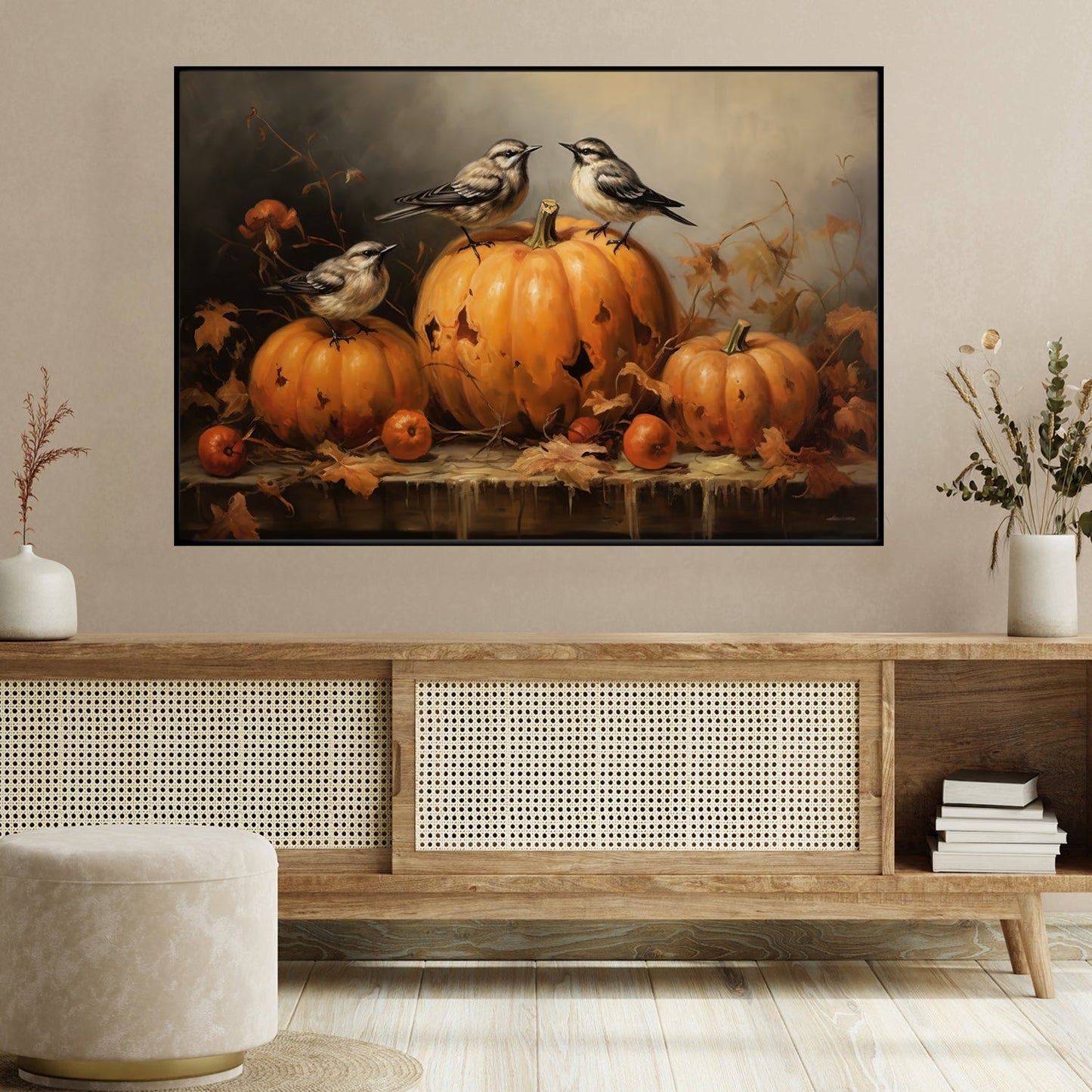 Birds Perch On Pumpkins, Thanksgiving Canvas Painting, Wall Art Decor - Thanksgiving Poster Gift