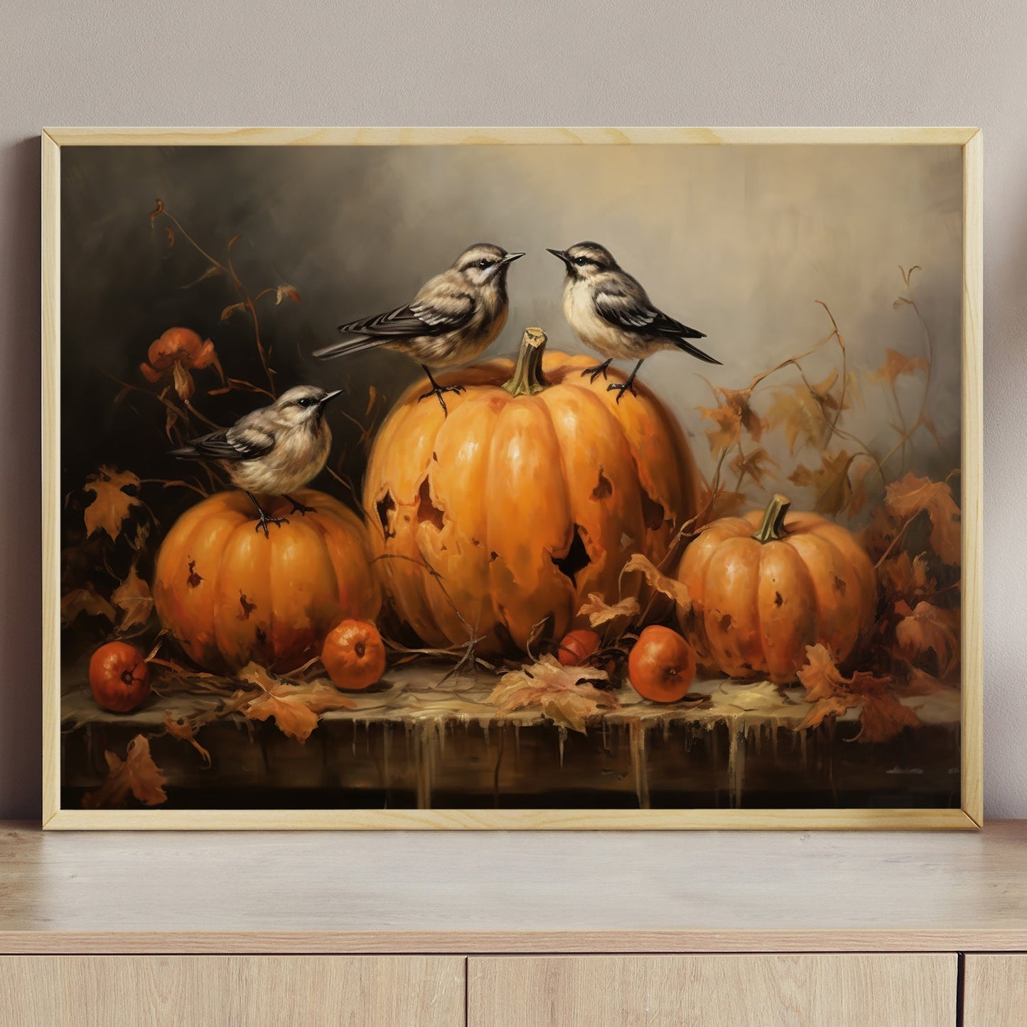 Birds Perch On Pumpkins, Thanksgiving Canvas Painting, Wall Art Decor - Thanksgiving Poster Gift