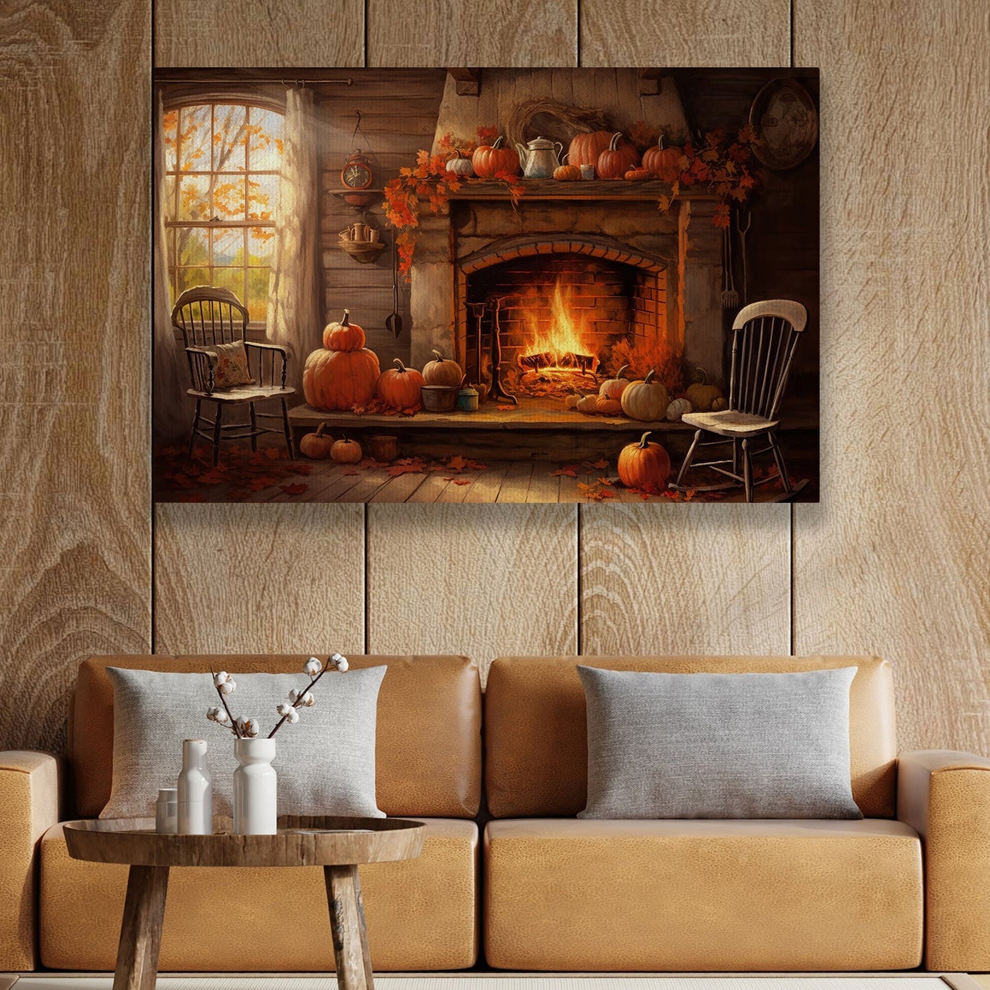 Fireplace Room Space In Autumn, Thanksgiving Canvas Painting, Wall Art Decor - Thanksgiving Poster Gift For Your Home