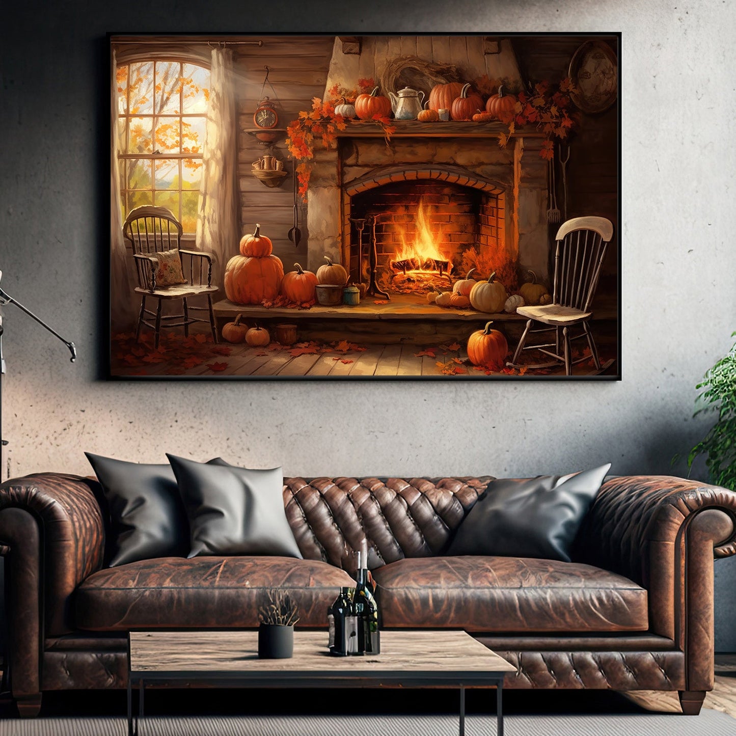 Fireplace Room Space In Autumn, Thanksgiving Canvas Painting, Wall Art Decor - Thanksgiving Poster Gift For Your Home