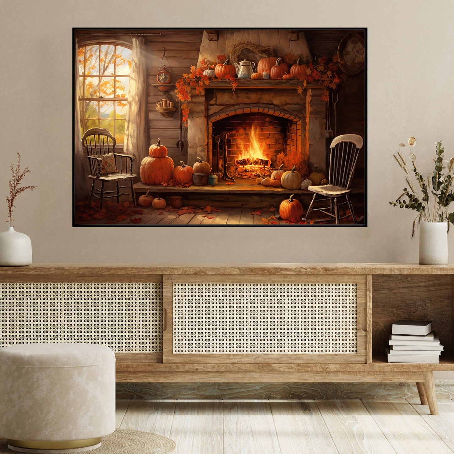 Fireplace Room Space In Autumn, Thanksgiving Canvas Painting, Wall Art Decor - Thanksgiving Poster Gift For Your Home