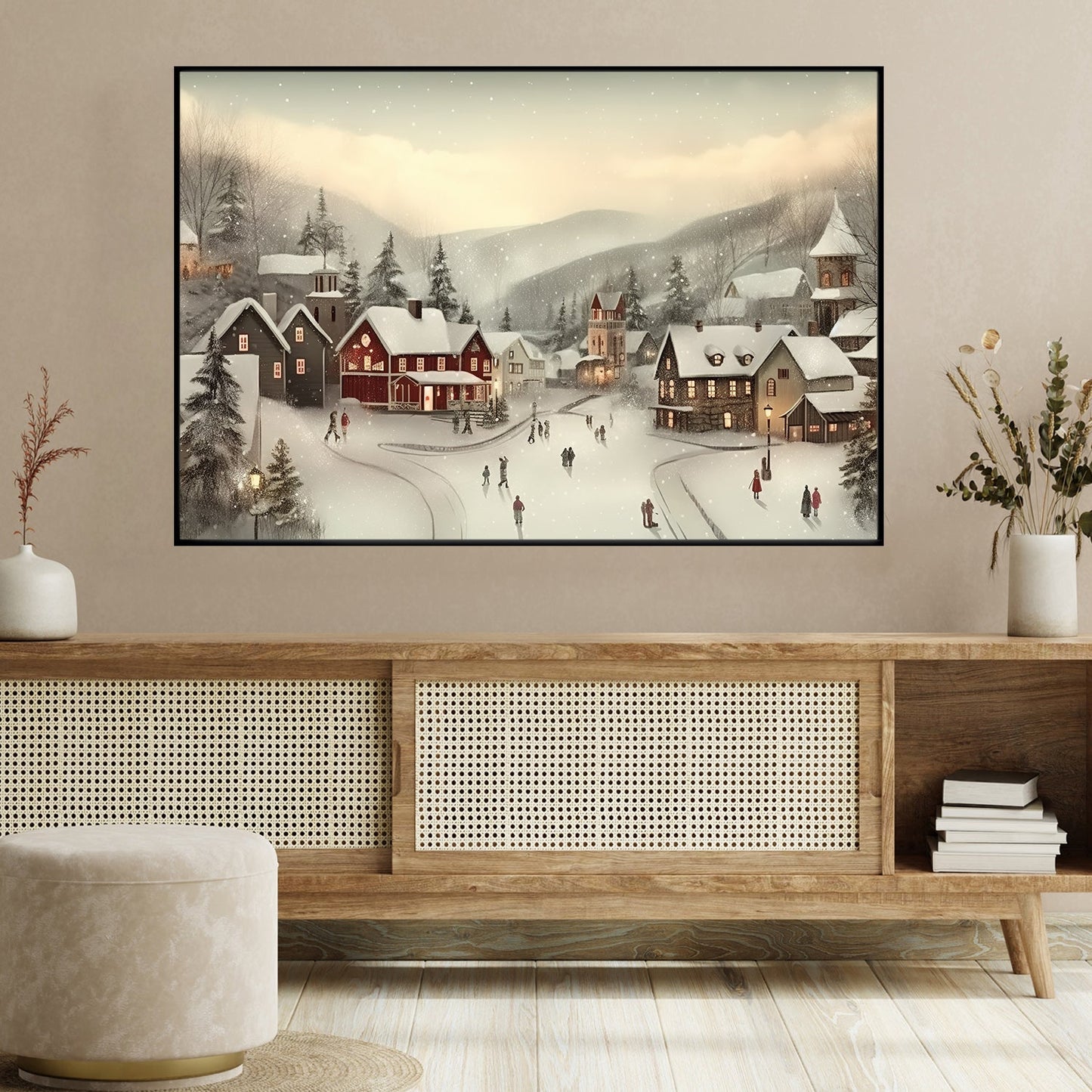 Christmas Atmosphere In A Small Village, Christmas Canvas Painting, Xmas Wall Art Decor - Christmas Poster Gift