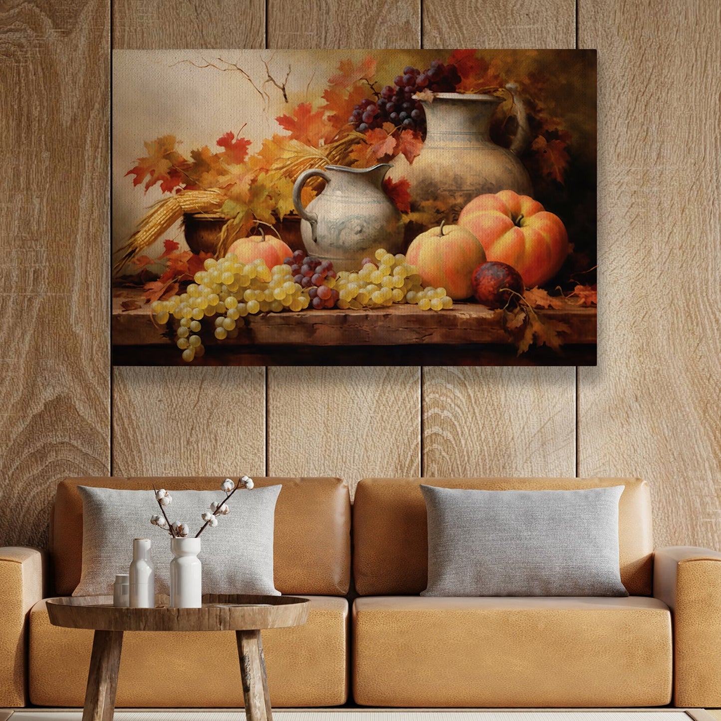 Vases Of Flowers And Pumpkin Fruits Overflow, Thanksgiving Canvas Painting, Wall Art Decor - Thanksgiving Poster Gift