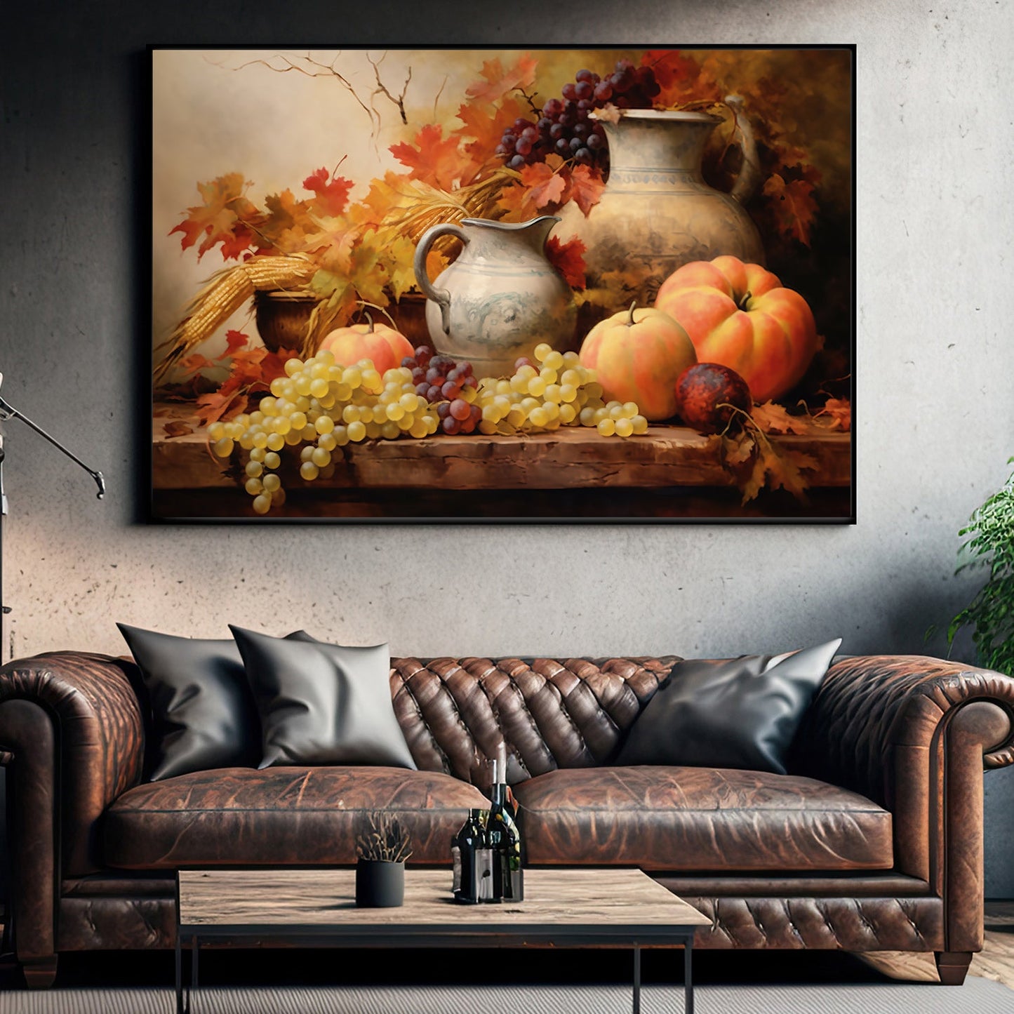 Vases Of Flowers And Pumpkin Fruits Overflow, Thanksgiving Canvas Painting, Wall Art Decor - Thanksgiving Poster Gift