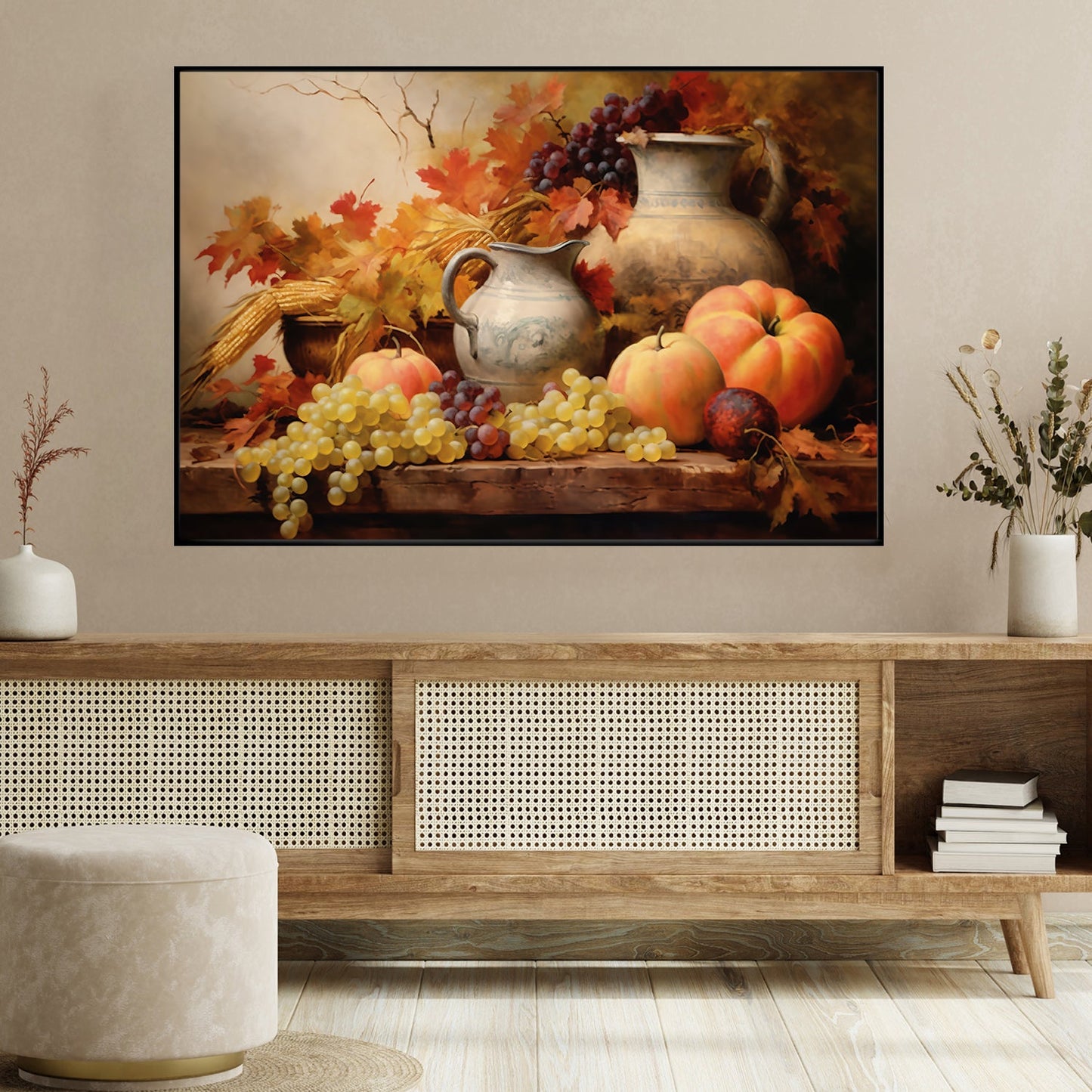 Vases Of Flowers And Pumpkin Fruits Overflow, Thanksgiving Canvas Painting, Wall Art Decor - Thanksgiving Poster Gift