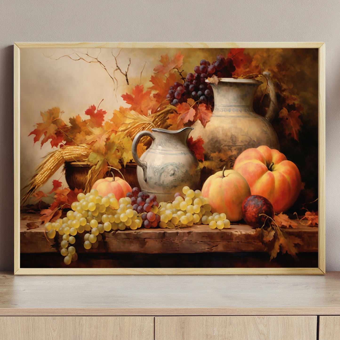 Vases Of Flowers And Pumpkin Fruits Overflow, Thanksgiving Canvas Painting, Wall Art Decor - Thanksgiving Poster Gift