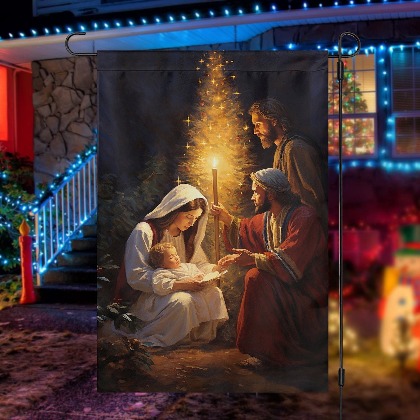 Sacred Night Of Light, Christians Xmas Garden Flag & House Flag, Nativity Christians Flag Gift