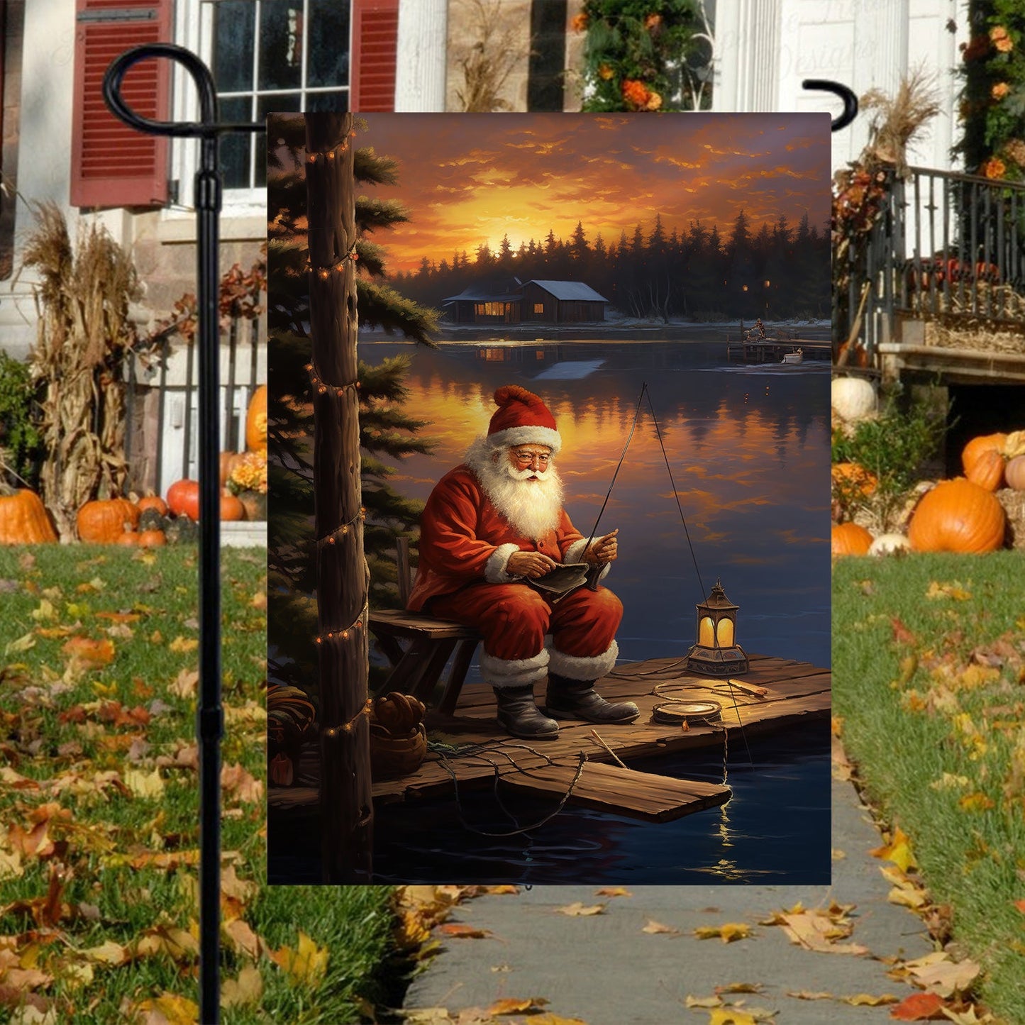 Santa's Serene Sunset Retreat, Santa Claus Xmas Garden Flag - House Flag, Christmas Flag Gift For Santa Claus Lovers