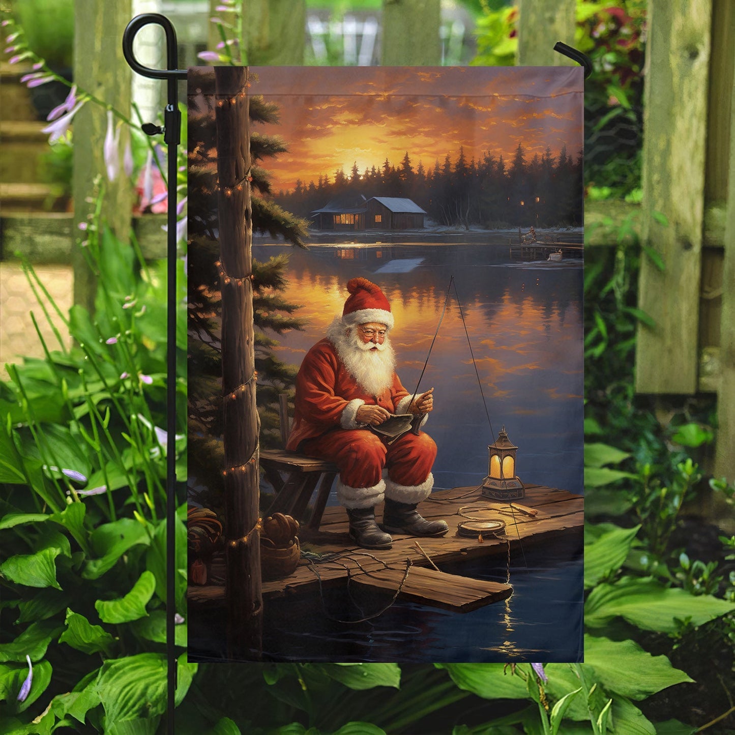 Santa's Serene Sunset Retreat, Santa Claus Xmas Garden Flag - House Flag, Christmas Flag Gift For Santa Claus Lovers