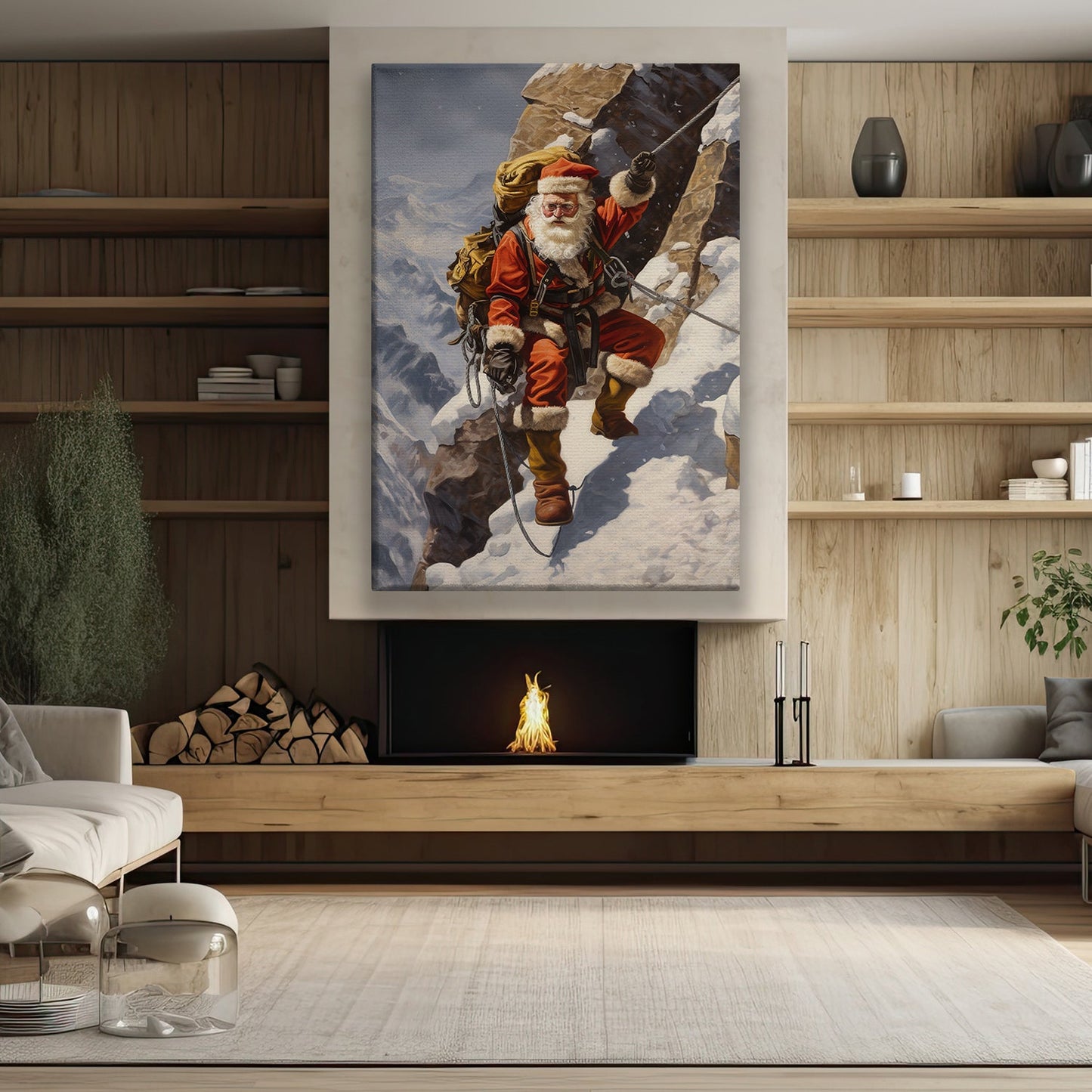 Santa's Alpine Adventure Scaling the Snowy Peaks, Christmas Canvas Painting, Xmas Wall Art Decor - Christmas Poster Gift For Climbing Lovers