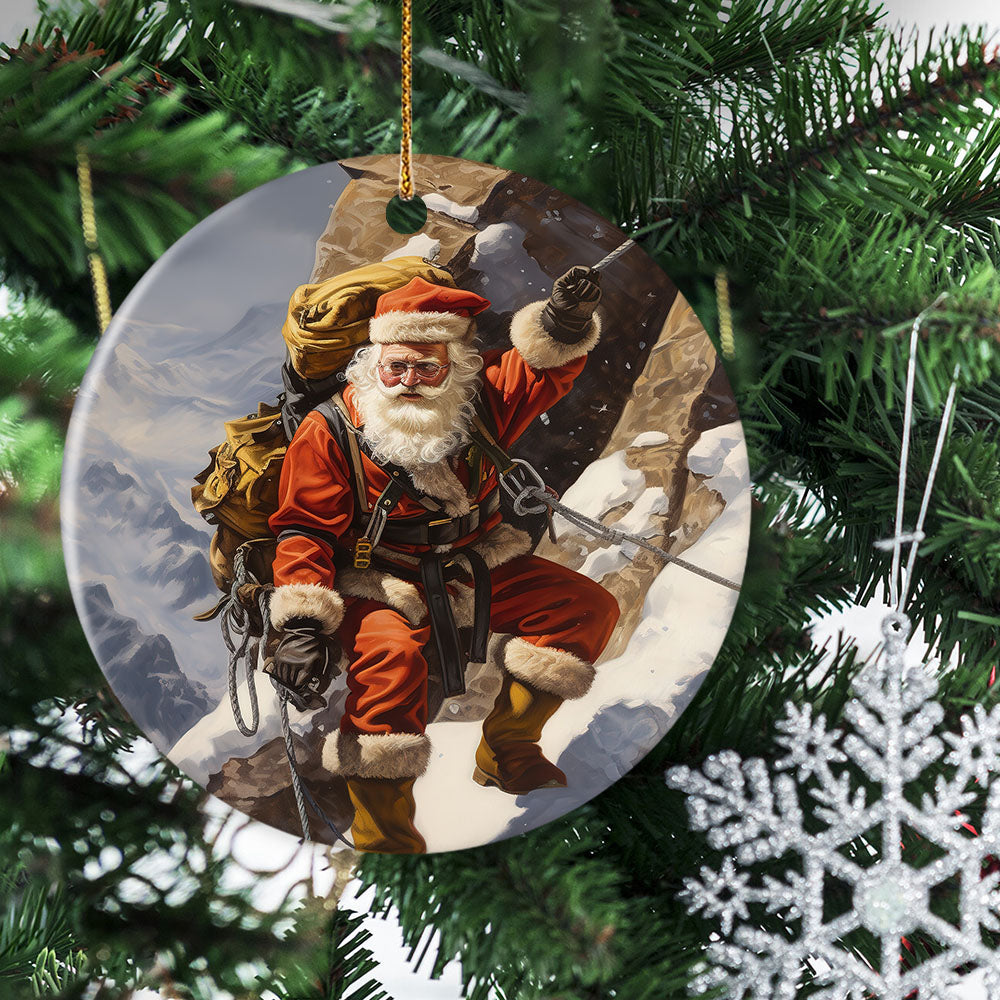 Santa's Alpine Adventure, Santa Claus Circle Ceramic Ornament Christmas Gift For Climbing Lovers