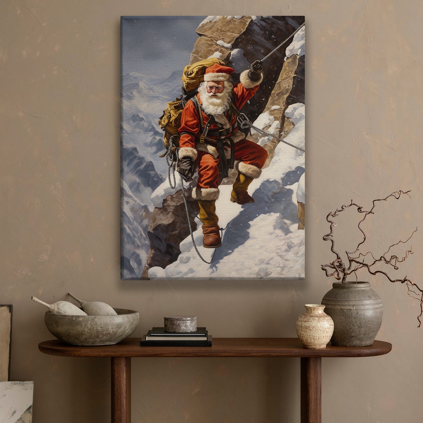 Santa's Alpine Adventure Scaling the Snowy Peaks, Christmas Canvas Painting, Xmas Wall Art Decor - Christmas Poster Gift For Climbing Lovers