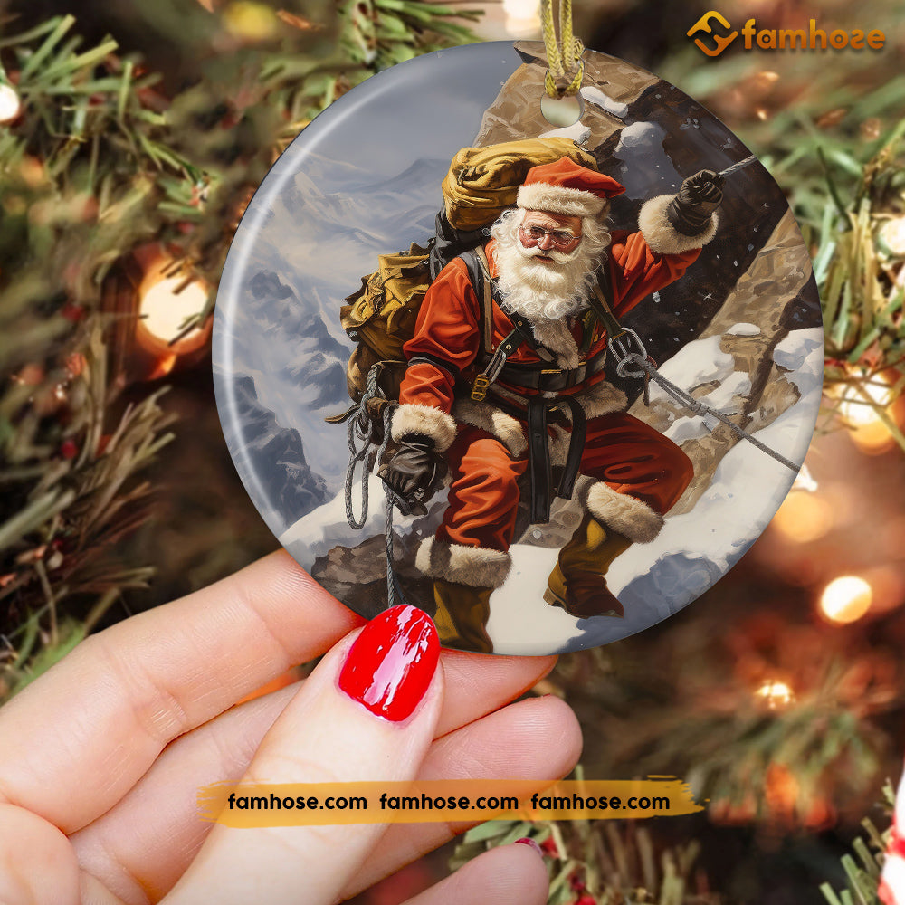 Santa's Alpine Adventure, Santa Claus Circle Ceramic Ornament Christmas Gift For Climbing Lovers