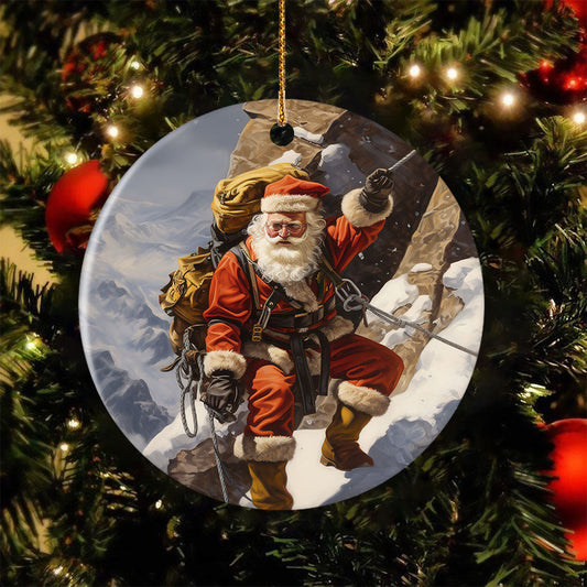 Santa's Alpine Adventure, Santa Claus Circle Ceramic Ornament Christmas Gift For Climbing Lovers