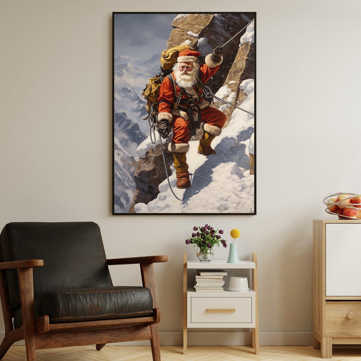 Santa's Alpine Adventure Scaling the Snowy Peaks, Christmas Canvas Painting, Xmas Wall Art Decor - Christmas Poster Gift For Climbing Lovers