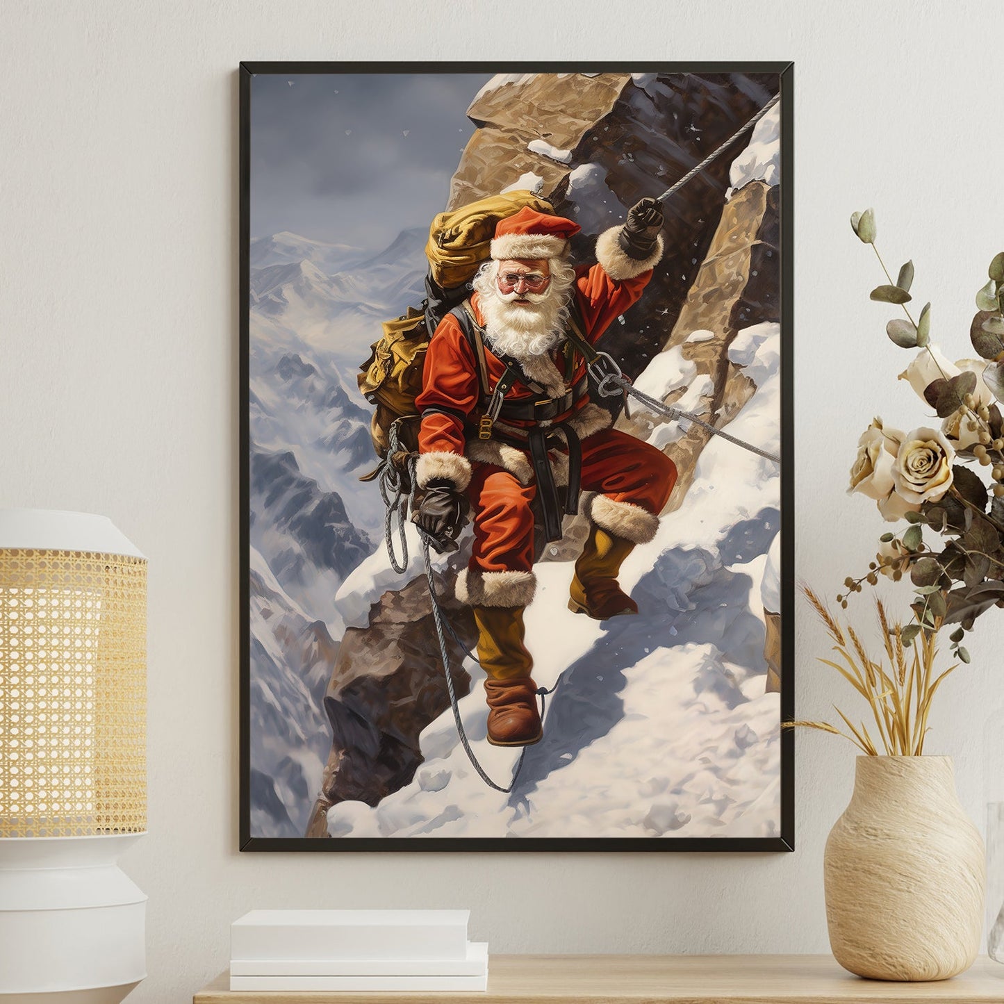 Santa's Alpine Adventure Scaling the Snowy Peaks, Christmas Canvas Painting, Xmas Wall Art Decor - Christmas Poster Gift For Climbing Lovers