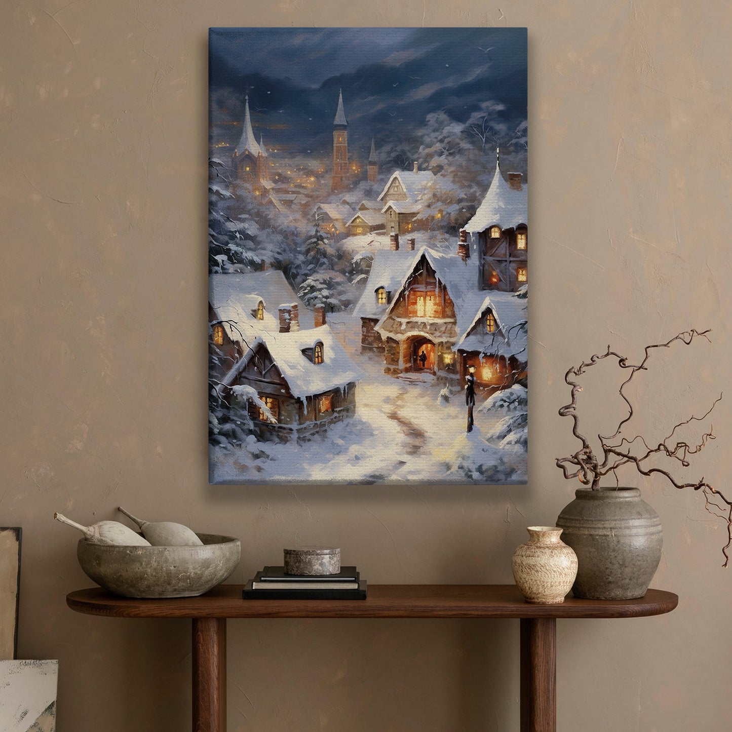 Snowy Evening In A Quaint Village, Christmas Canvas Painting, Xmas Wall Art Decor - Christmas Poster Gift