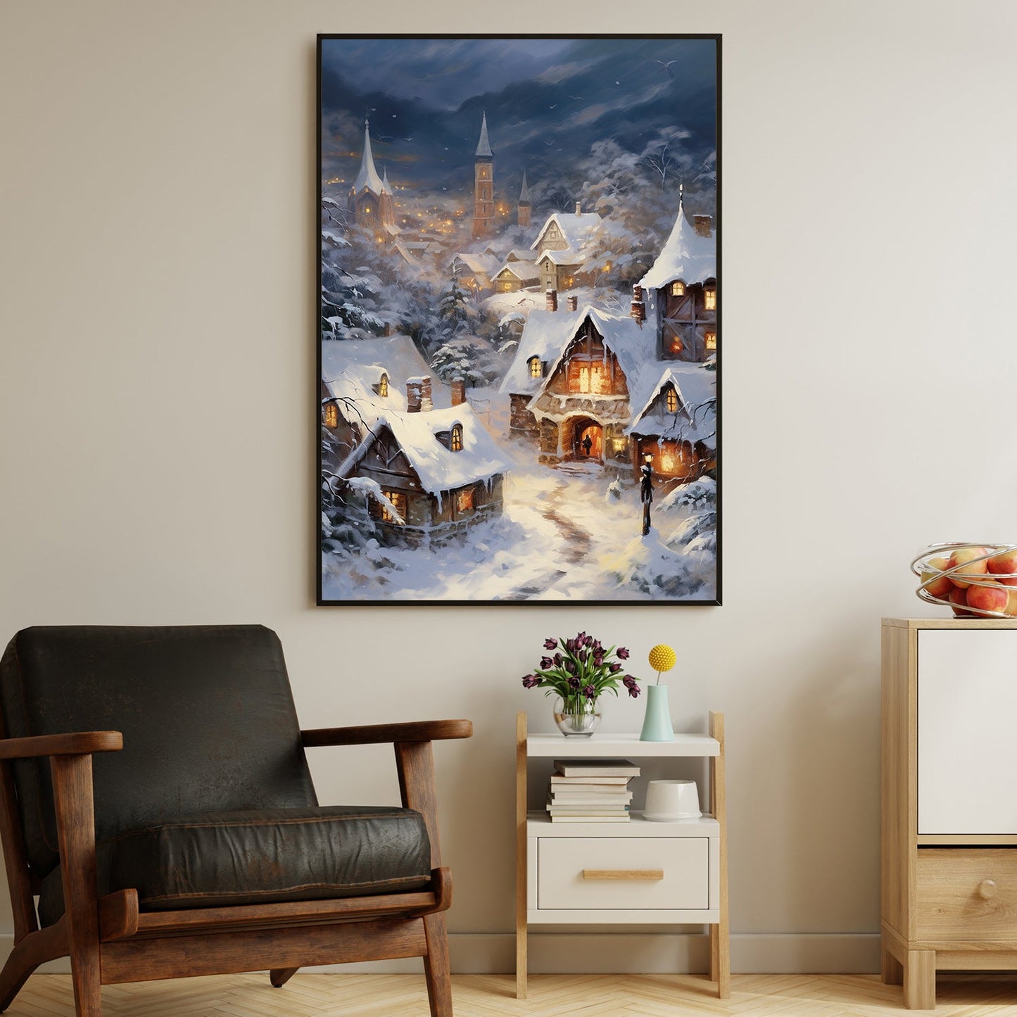 Snowy Evening In A Quaint Village, Christmas Canvas Painting, Xmas Wall Art Decor - Christmas Poster Gift