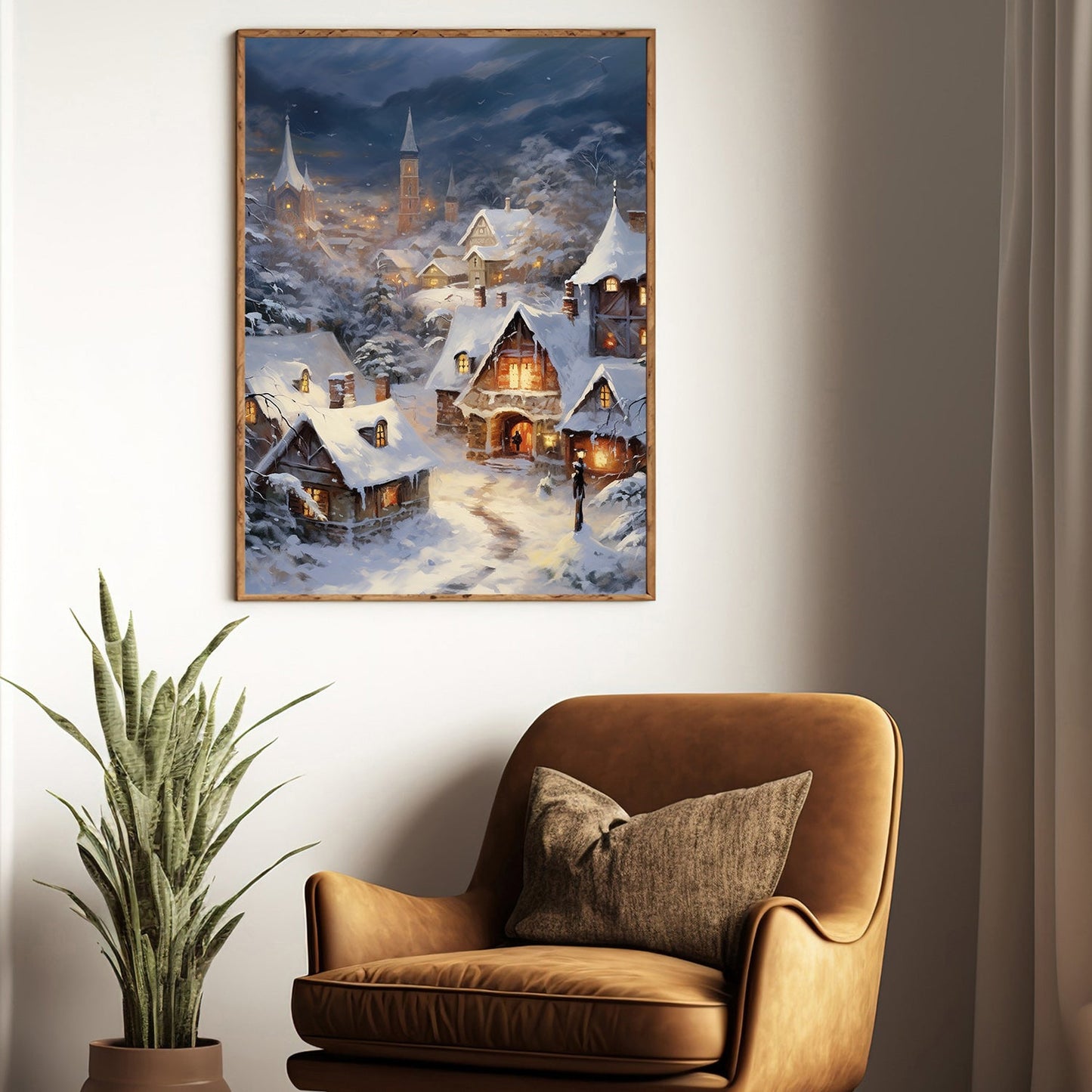 Snowy Evening In A Quaint Village, Christmas Canvas Painting, Xmas Wall Art Decor - Christmas Poster Gift