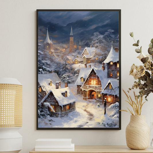 Snowy Evening In A Quaint Village, Christmas Canvas Painting, Xmas Wall Art Decor - Christmas Poster Gift