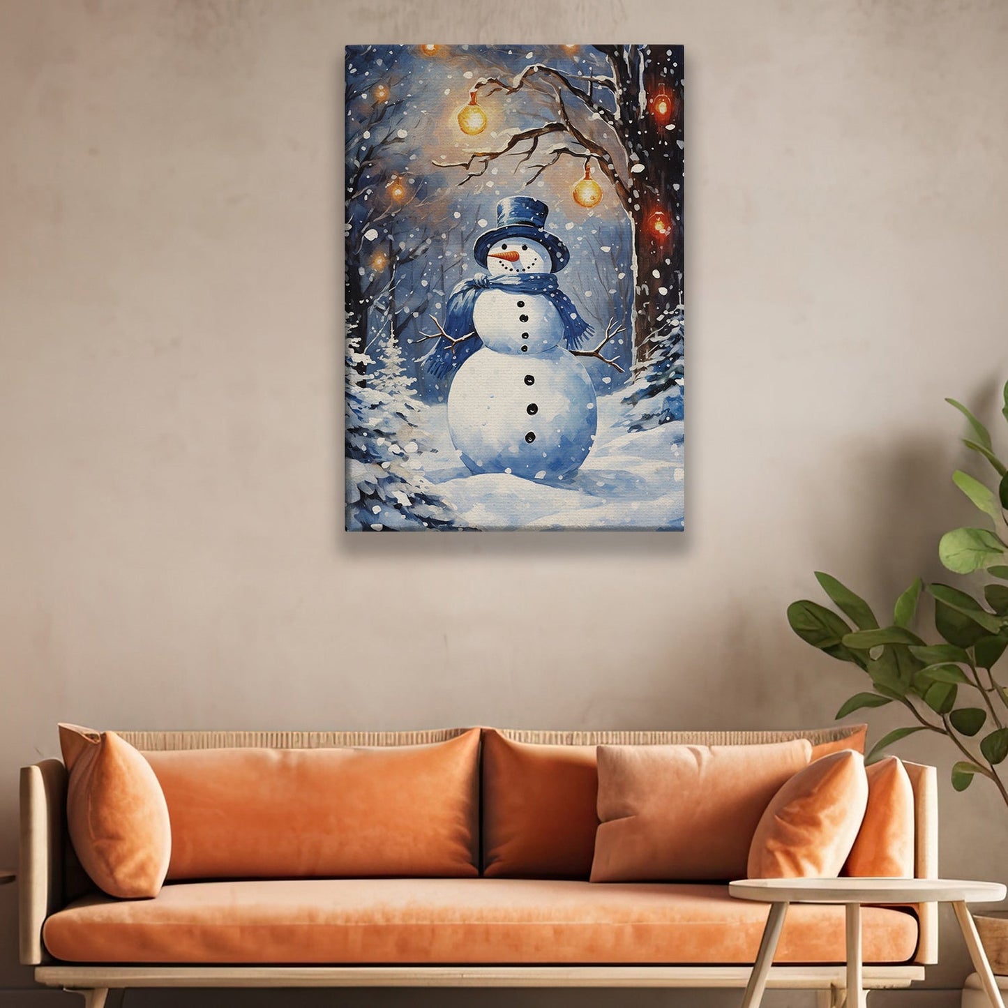 Enchanted Snowman with Glowing Lanterns, Christmas Canvas Painting, Xmas Wall Art Decor - Christmas Poster Gift For Snowman Lovers