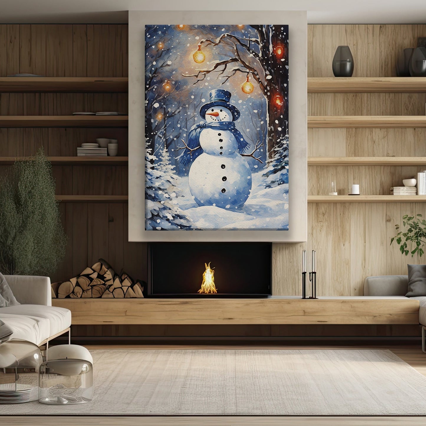 Enchanted Snowman with Glowing Lanterns, Christmas Canvas Painting, Xmas Wall Art Decor - Christmas Poster Gift For Snowman Lovers