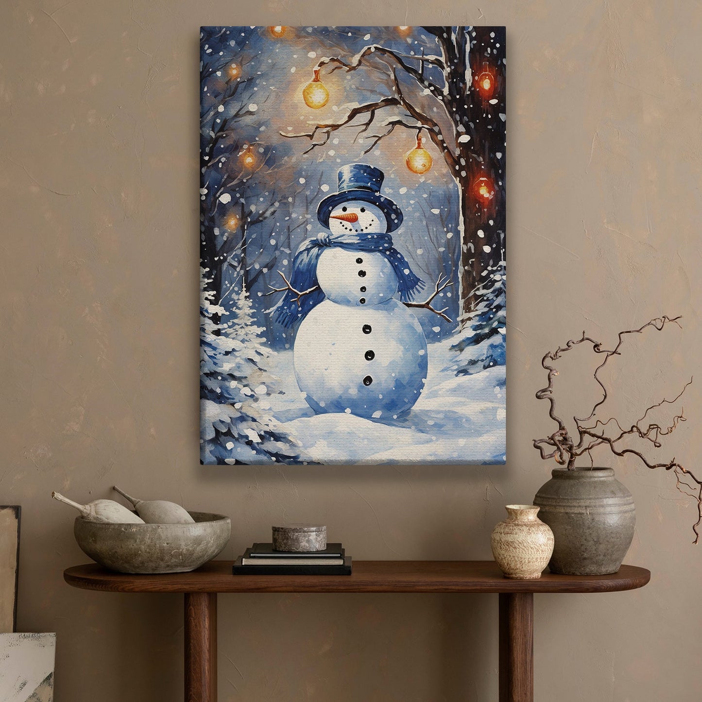 Enchanted Snowman with Glowing Lanterns, Christmas Canvas Painting, Xmas Wall Art Decor - Christmas Poster Gift For Snowman Lovers