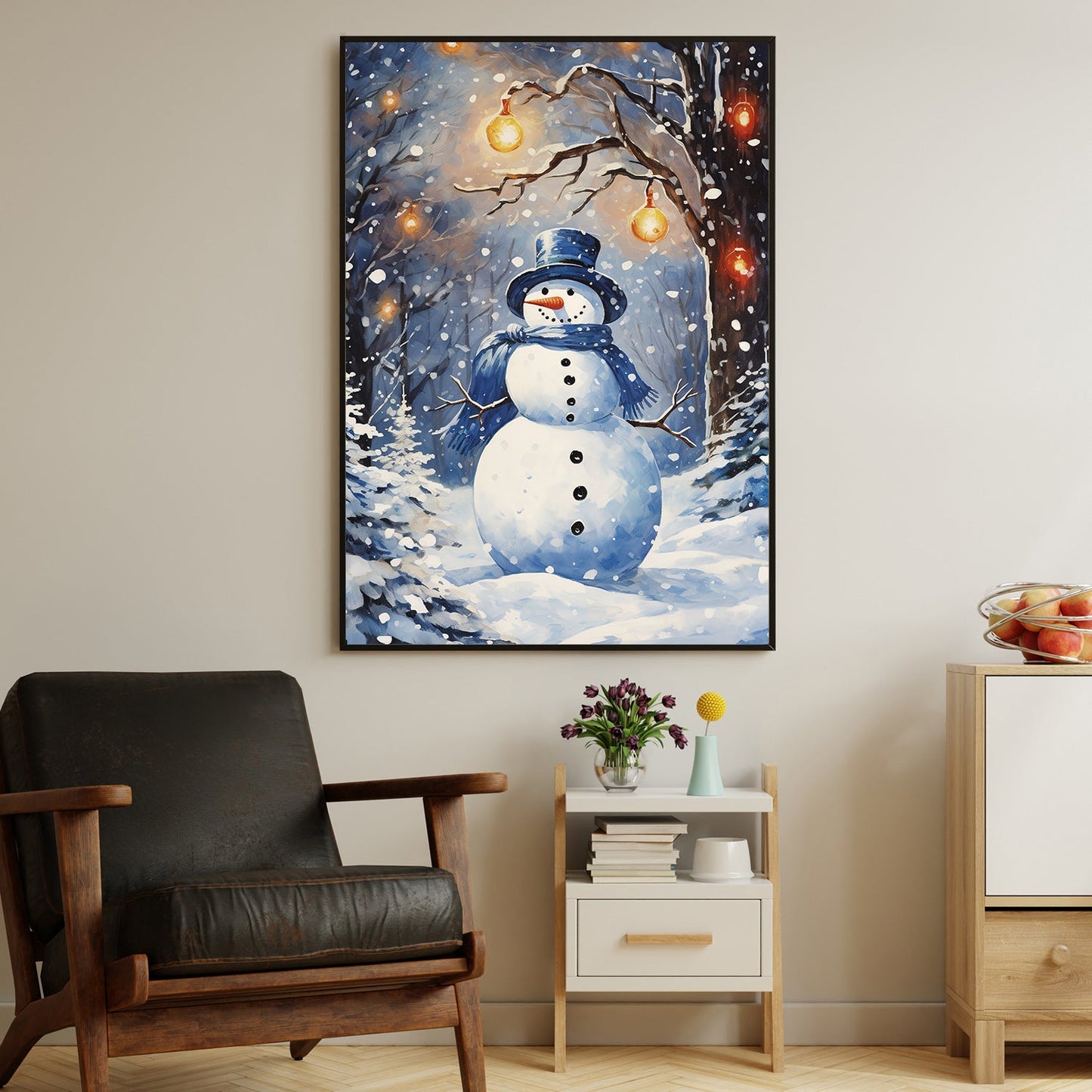 Enchanted Snowman with Glowing Lanterns, Christmas Canvas Painting, Xmas Wall Art Decor - Christmas Poster Gift For Snowman Lovers