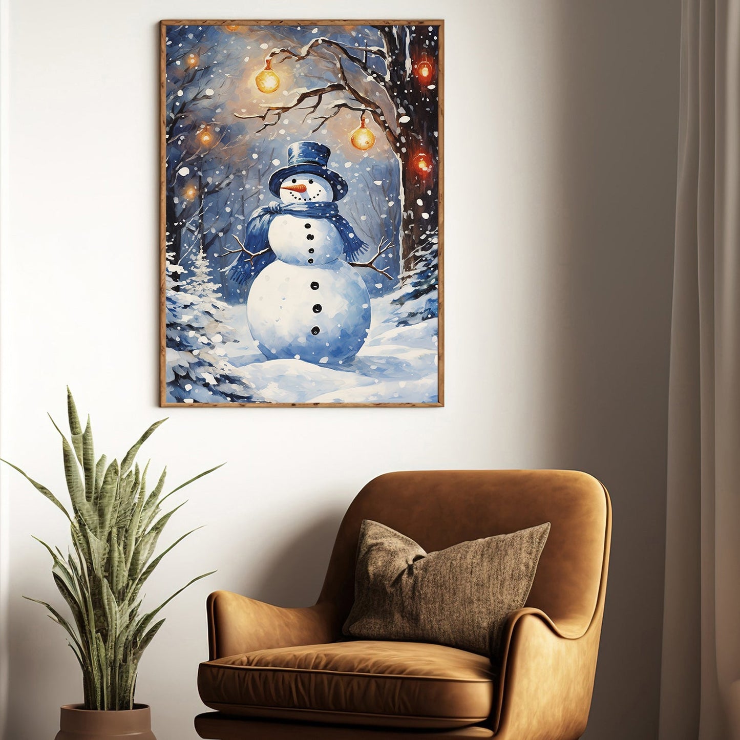 Enchanted Snowman with Glowing Lanterns, Christmas Canvas Painting, Xmas Wall Art Decor - Christmas Poster Gift For Snowman Lovers