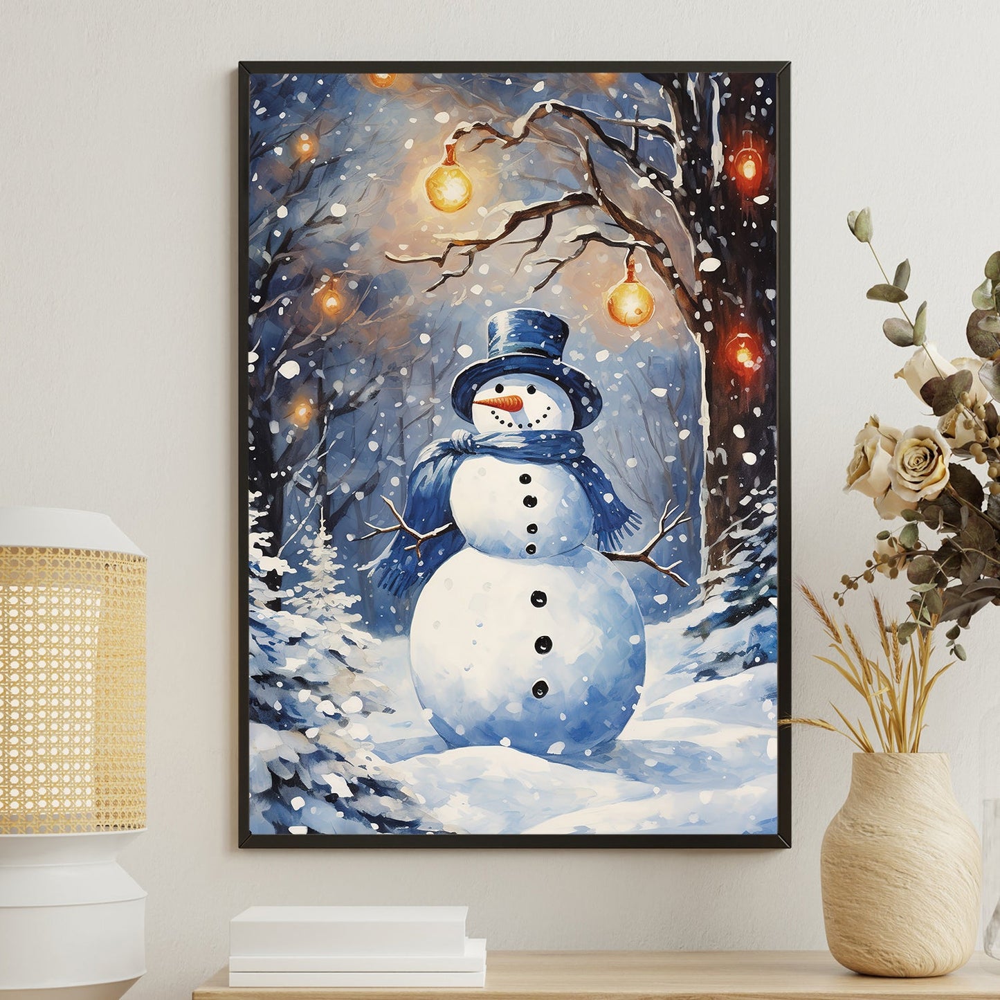 Enchanted Snowman with Glowing Lanterns, Christmas Canvas Painting, Xmas Wall Art Decor - Christmas Poster Gift For Snowman Lovers