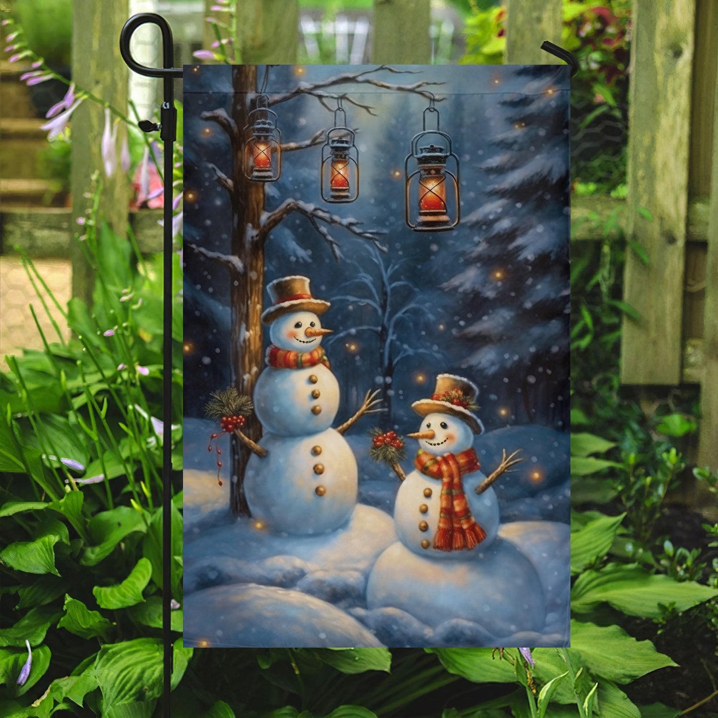 Couple Snowman In The Winter Forest, Snowman Xmas Garden Flag & House Flag, Christmas Flag Gift For Snowman Lovers