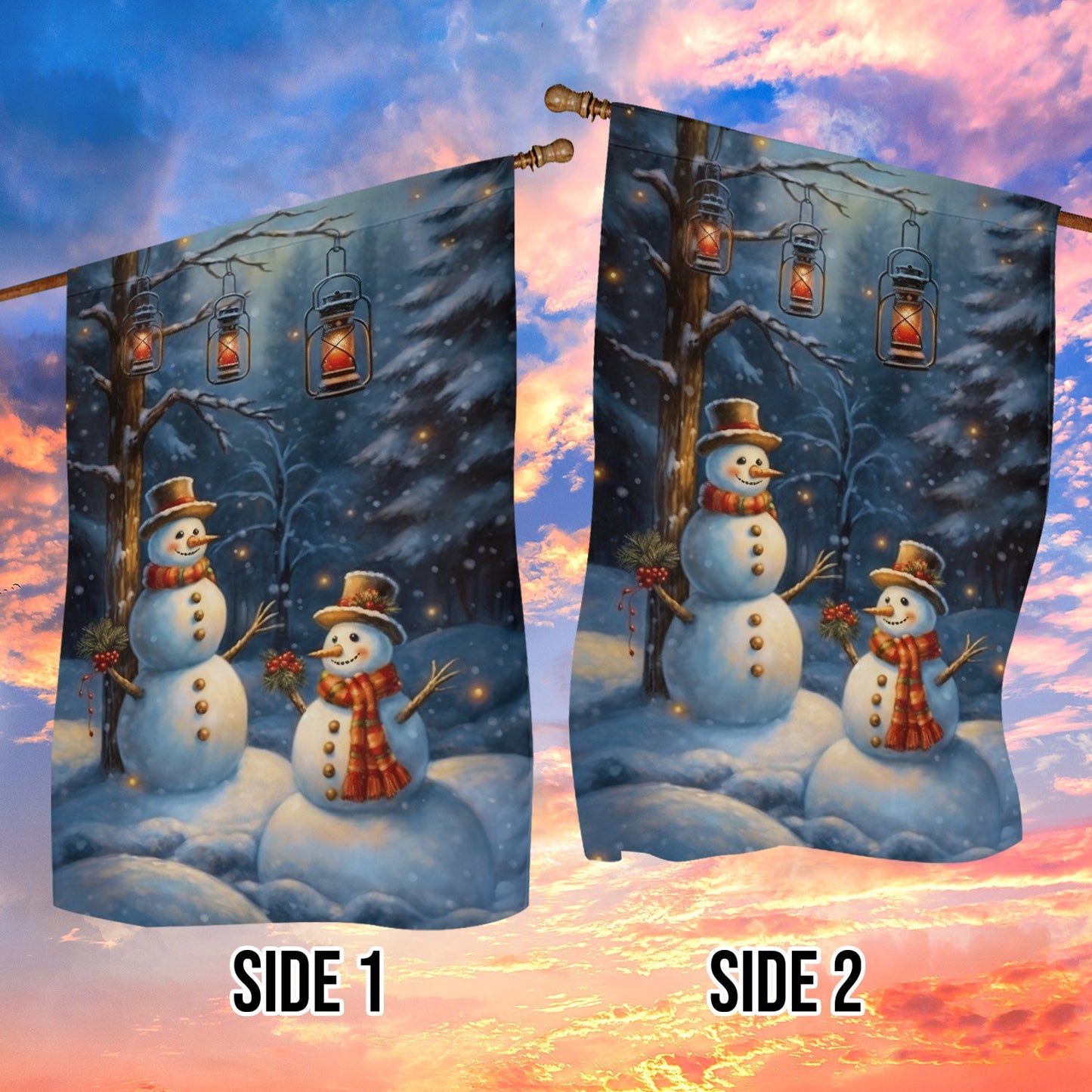 Couple Snowman In The Winter Forest, Snowman Xmas Garden Flag & House Flag, Christmas Flag Gift For Snowman Lovers