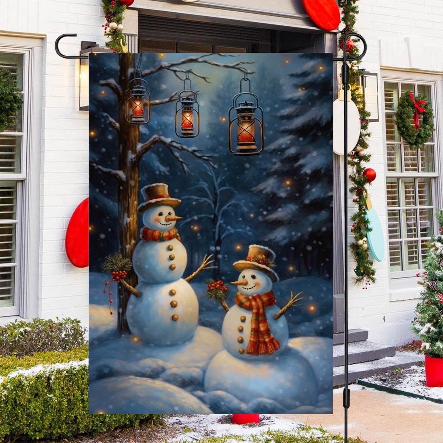 Couple Snowman In The Winter Forest, Snowman Xmas Garden Flag & House Flag, Christmas Flag Gift For Snowman Lovers