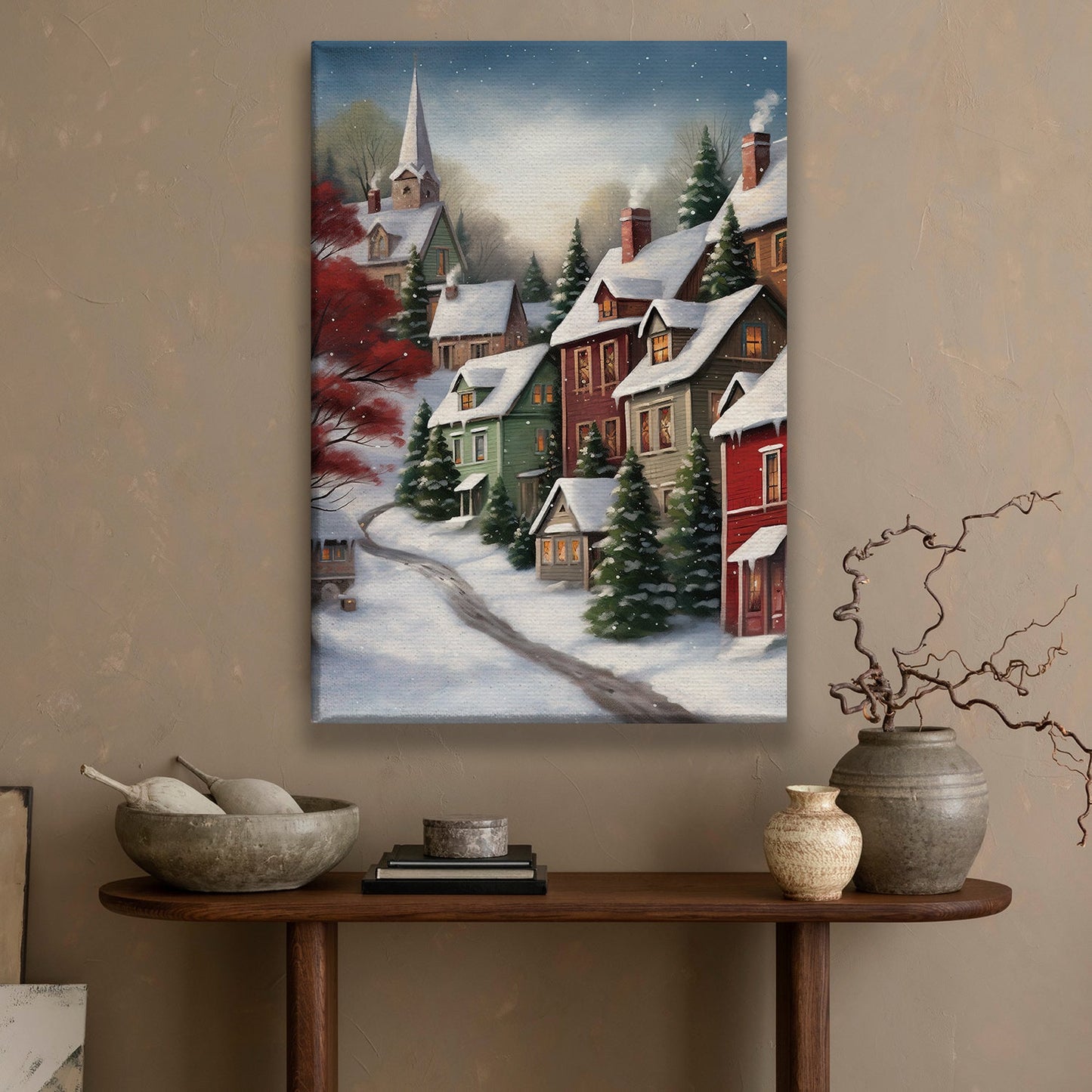 Charming Snowy Town At Dusk With Vibrant Rooftops, Christmas Canvas Painting, Xmas Wall Art Decor - Christmas Poster Gift