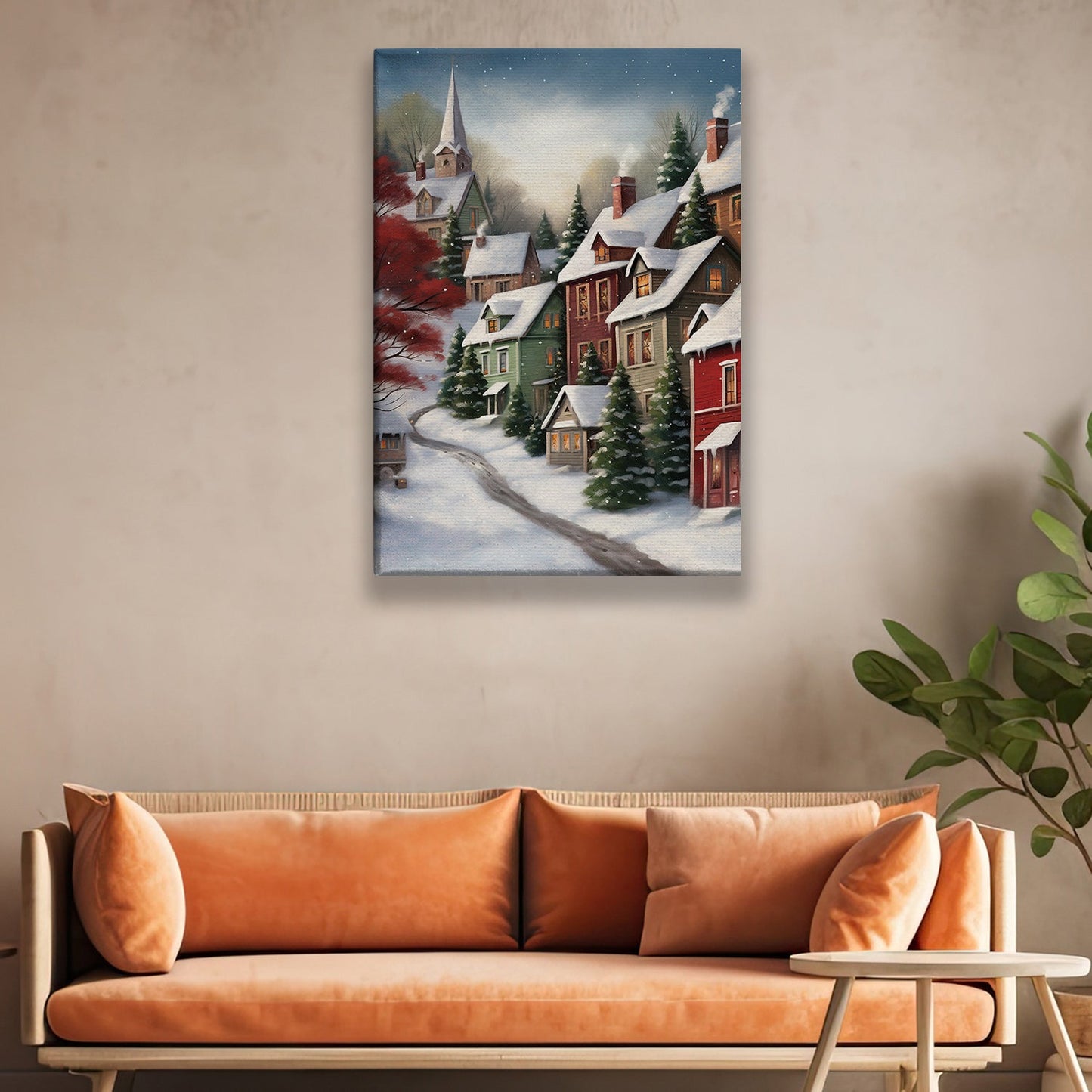 Charming Snowy Town At Dusk With Vibrant Rooftops, Christmas Canvas Painting, Xmas Wall Art Decor - Christmas Poster Gift