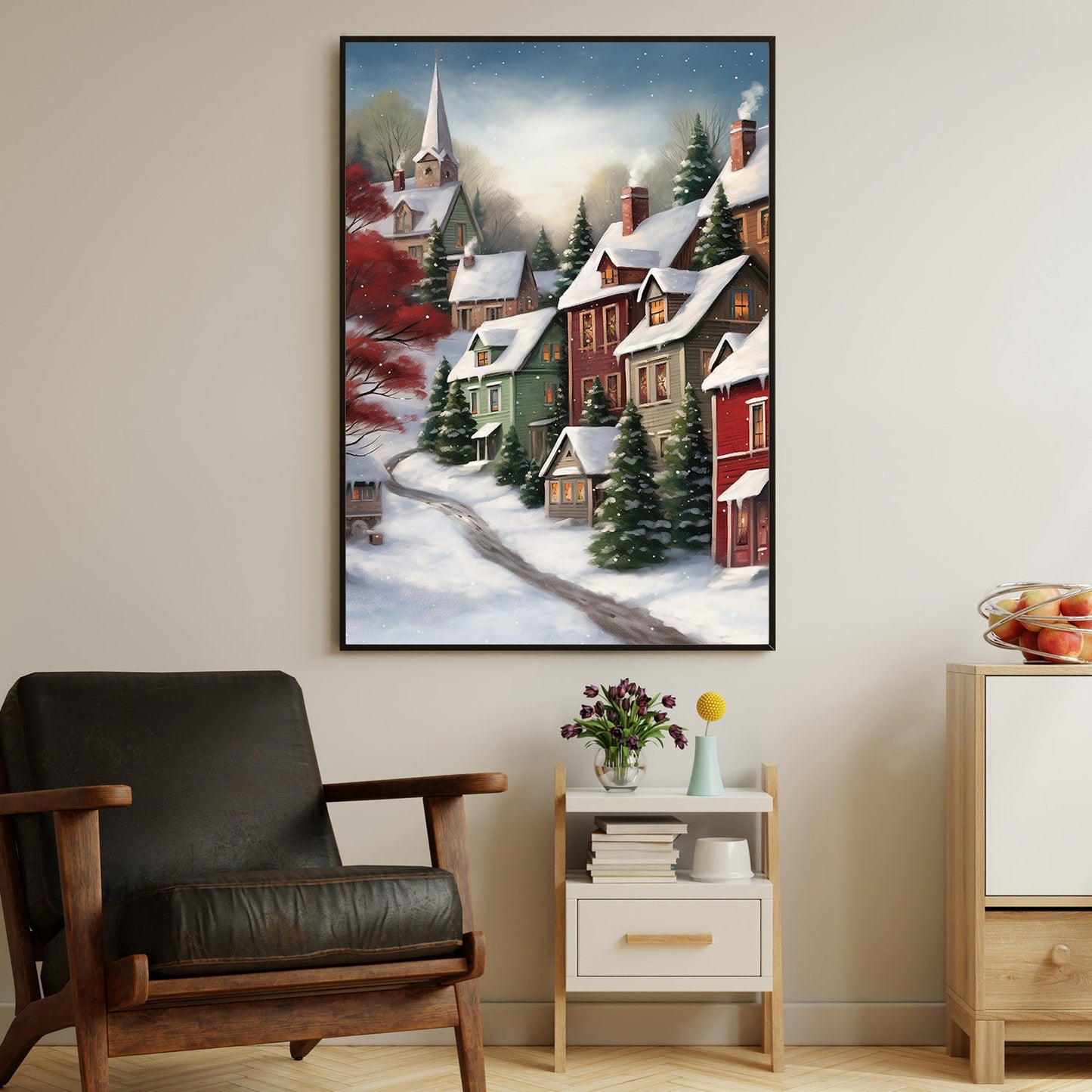 Charming Snowy Town At Dusk With Vibrant Rooftops, Christmas Canvas Painting, Xmas Wall Art Decor - Christmas Poster Gift