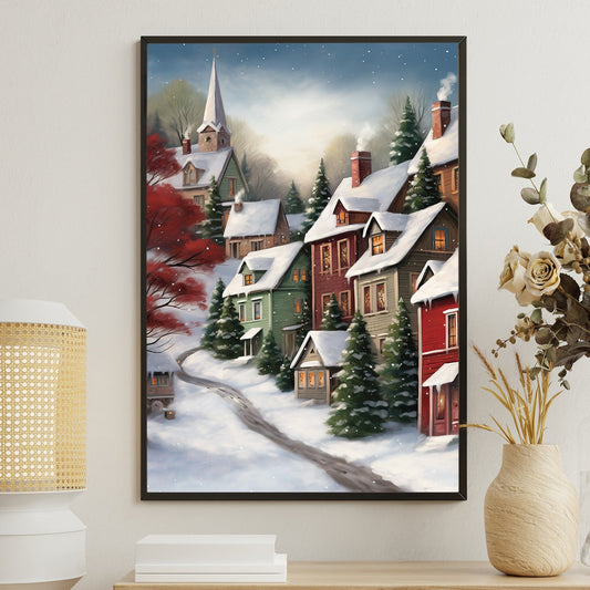 Charming Snowy Town At Dusk With Vibrant Rooftops, Christmas Canvas Painting, Xmas Wall Art Decor - Christmas Poster Gift