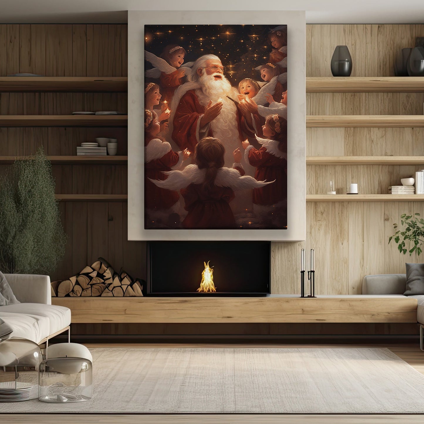 Santa Claus Surrounded By Angels, Christmas Canvas Painting, Xmas Wall Art Decor - Christmas Poster Gift