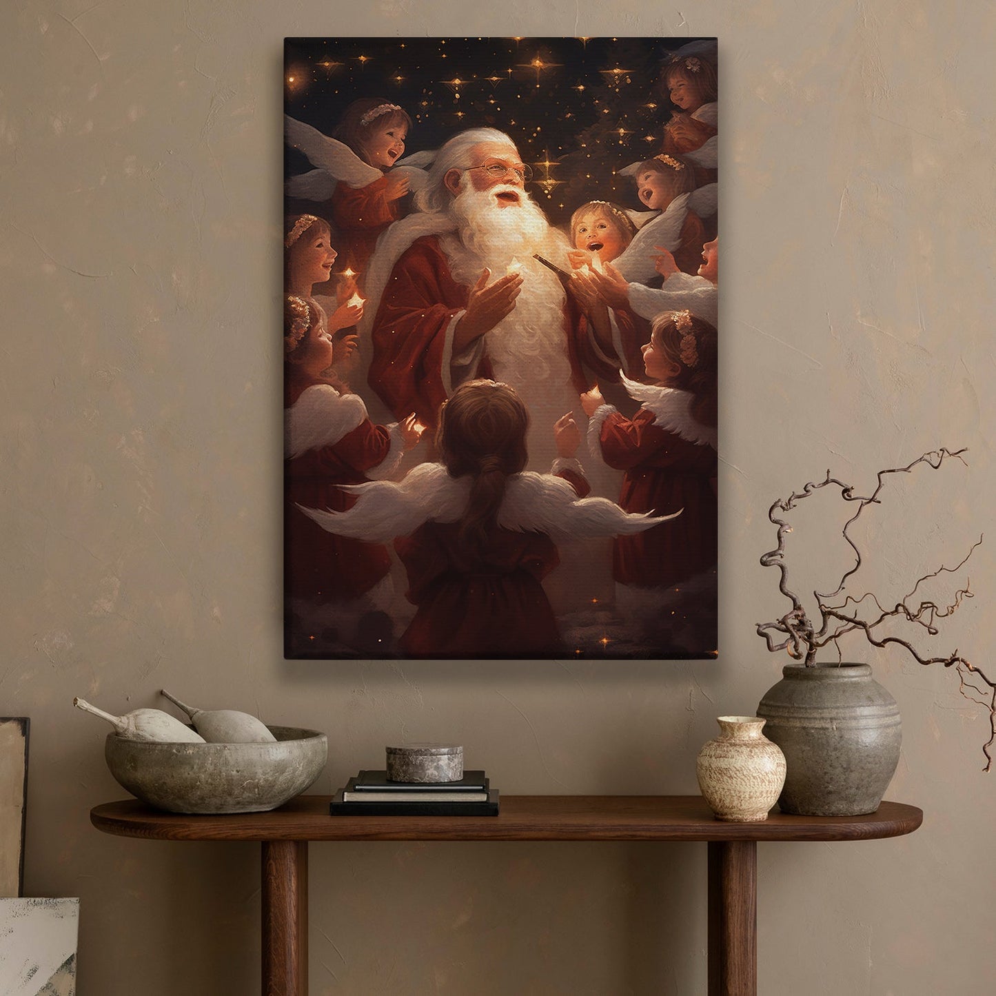 Santa Claus Surrounded By Angels, Christmas Canvas Painting, Xmas Wall Art Decor - Christmas Poster Gift