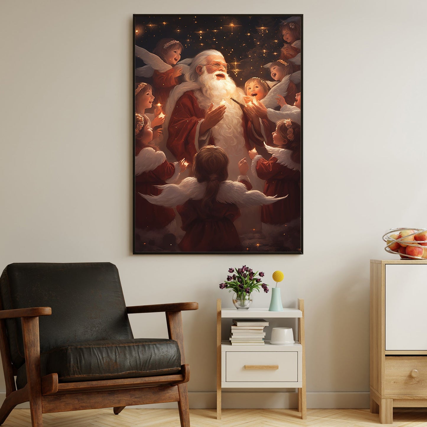 Santa Claus Surrounded By Angels, Christmas Canvas Painting, Xmas Wall Art Decor - Christmas Poster Gift