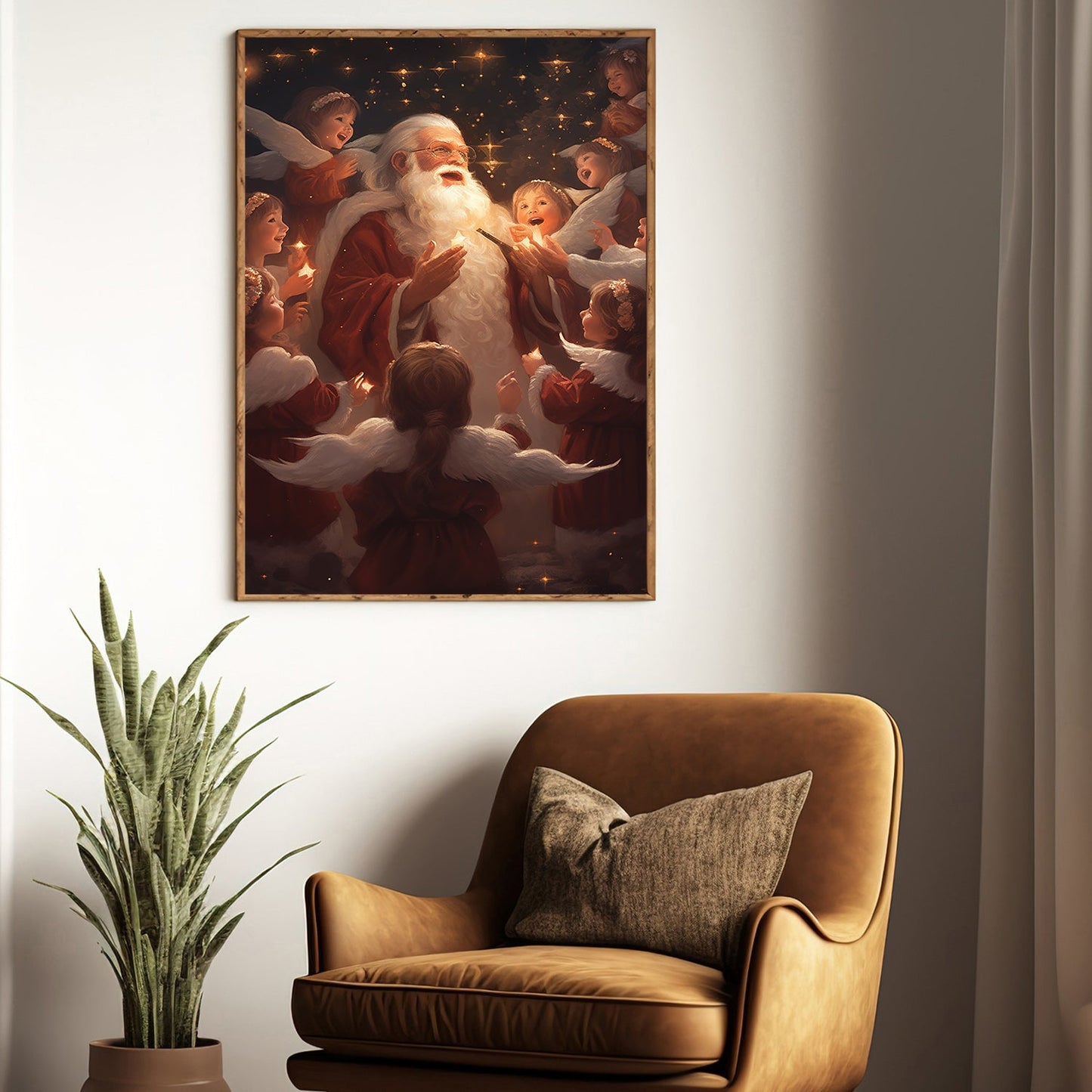 Santa Claus Surrounded By Angels, Christmas Canvas Painting, Xmas Wall Art Decor - Christmas Poster Gift