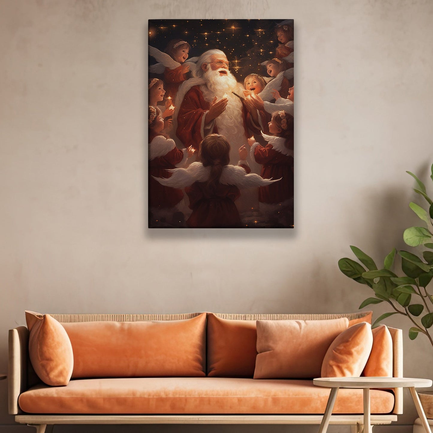 Santa Claus Surrounded By Angels, Christmas Canvas Painting, Xmas Wall Art Decor - Christmas Poster Gift