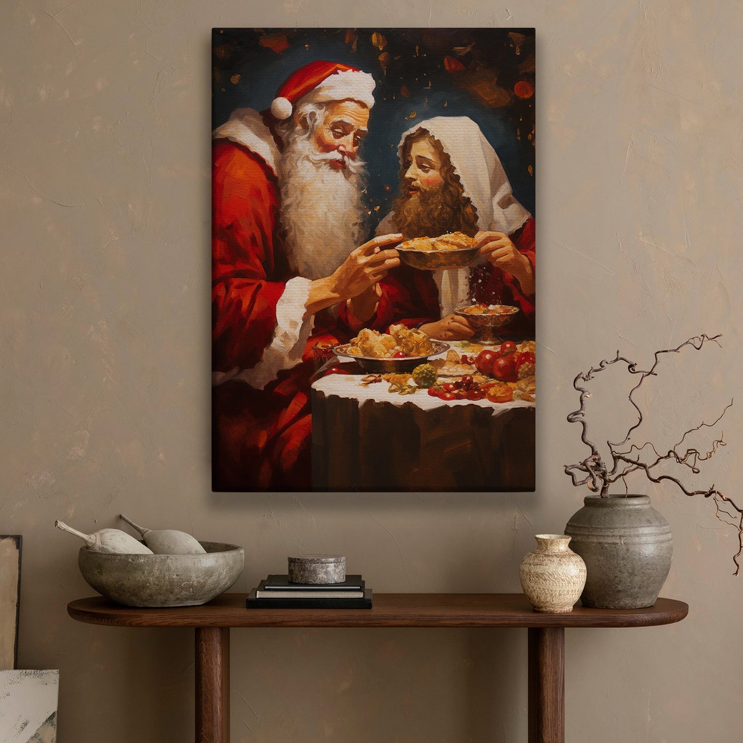 Santa Claus Sharing A Piece Of Cake, Christmas Canvas Painting, Xmas Wall Art Decor - Christmas Poster Gift