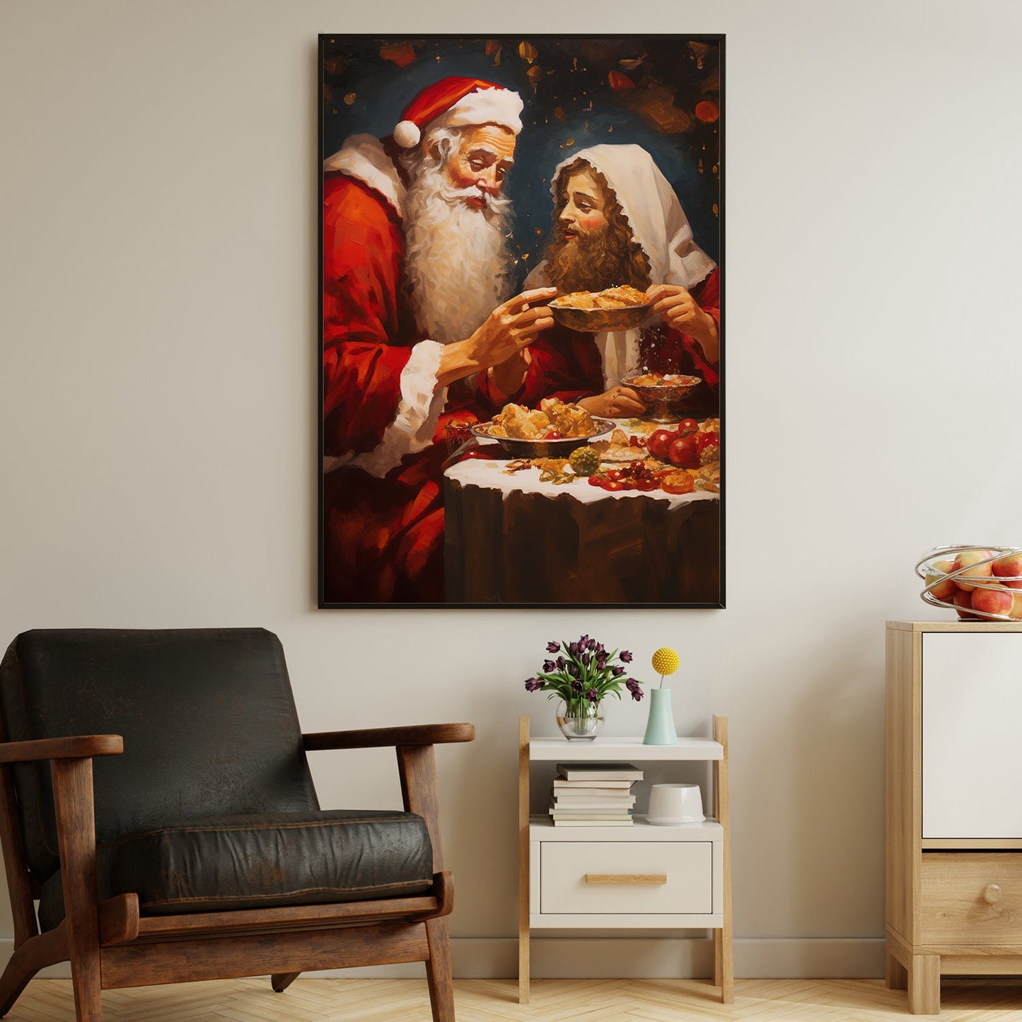 Santa Claus Sharing A Piece Of Cake, Christmas Canvas Painting, Xmas Wall Art Decor - Christmas Poster Gift