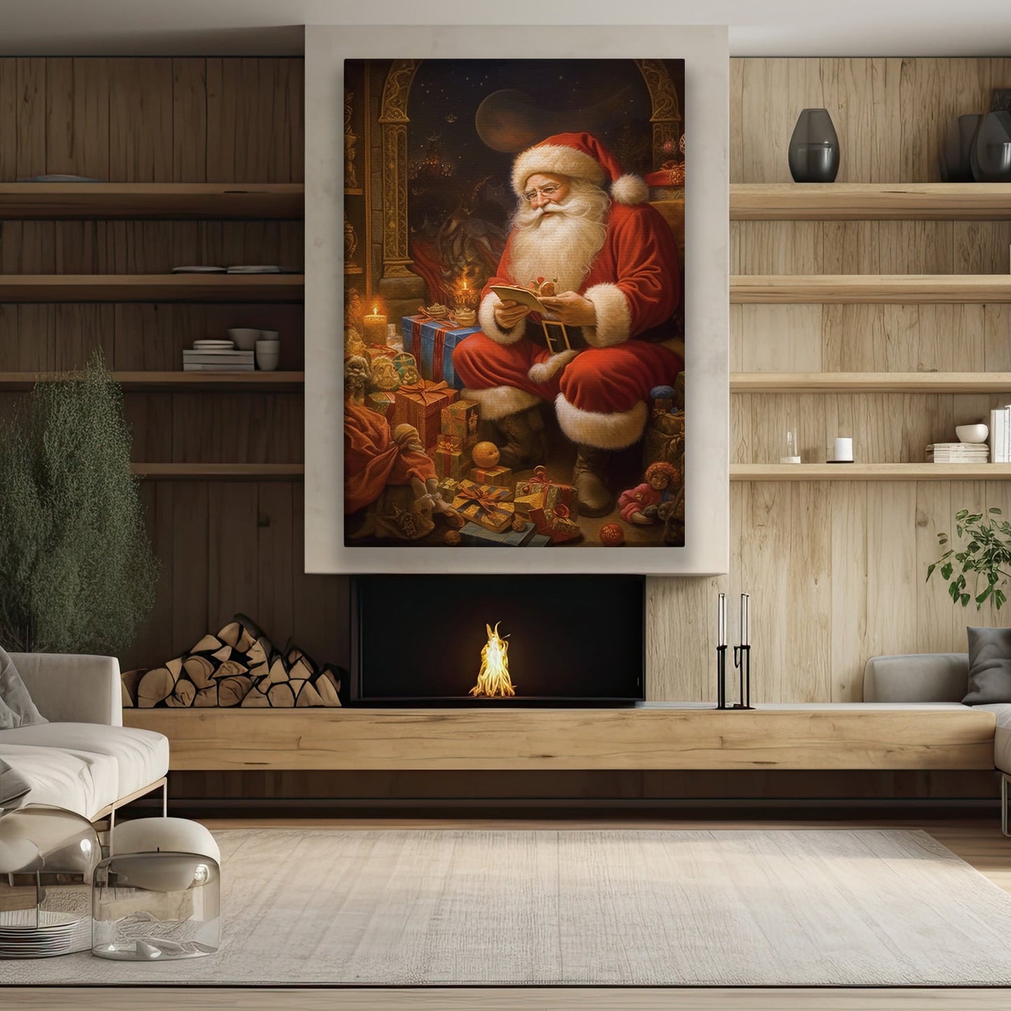 Santa Claus Sitting In Front Of A Pile Of Presents, Christmas Canvas Painting, Xmas Wall Art Decor - Christmas Poster Gift