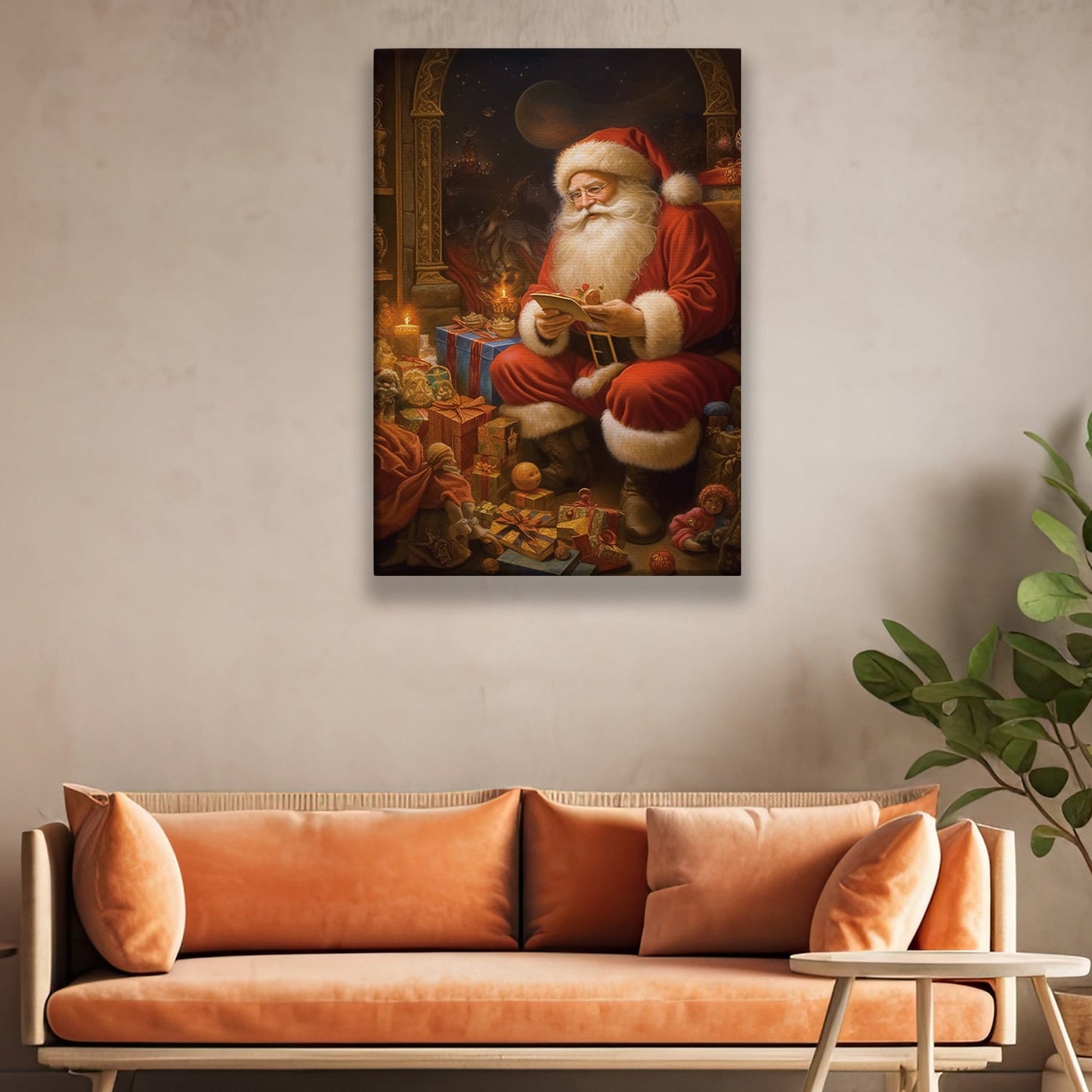 Santa Claus Sitting In Front Of A Pile Of Presents, Christmas Canvas Painting, Xmas Wall Art Decor - Christmas Poster Gift